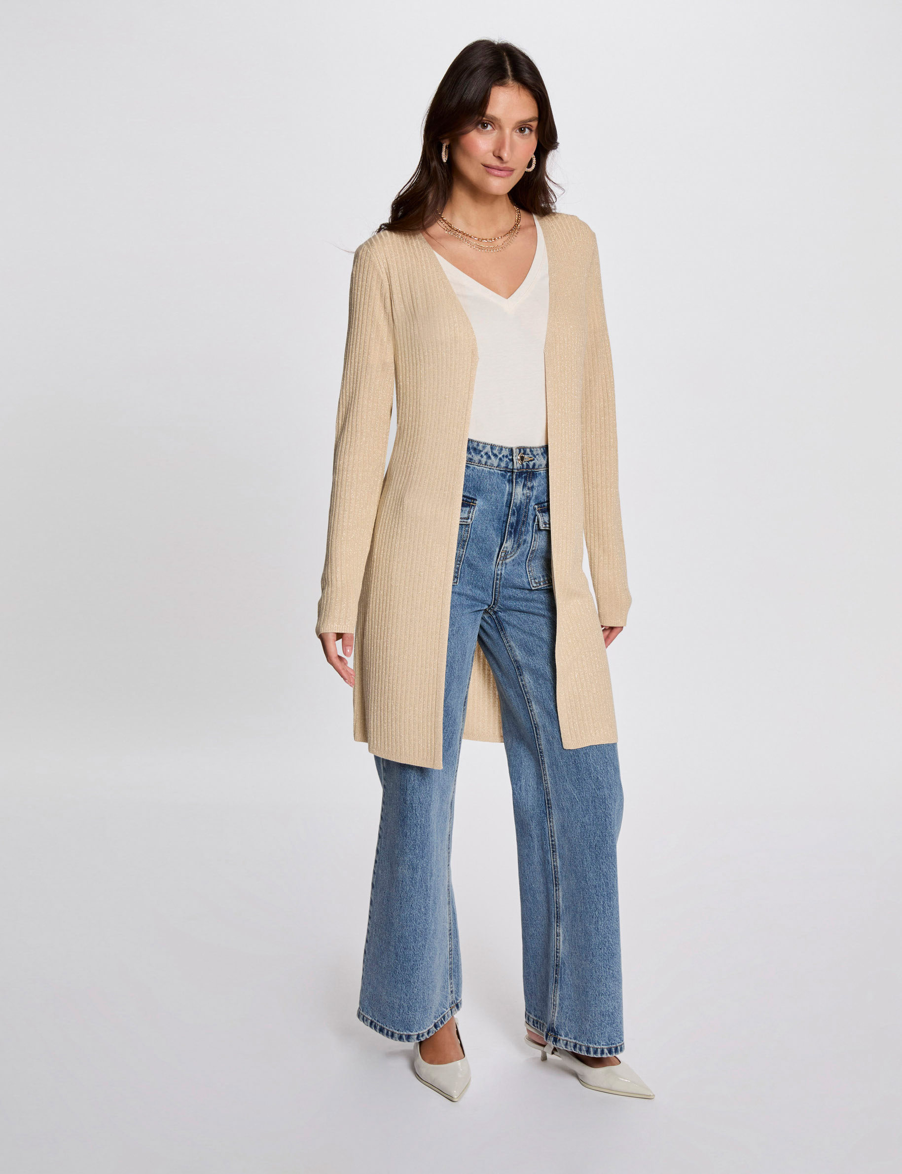 lange strickjacke mit v ausschnitt goldgelb damen Lange Strickjacke mit V-Ausschnitt goldgelb damen