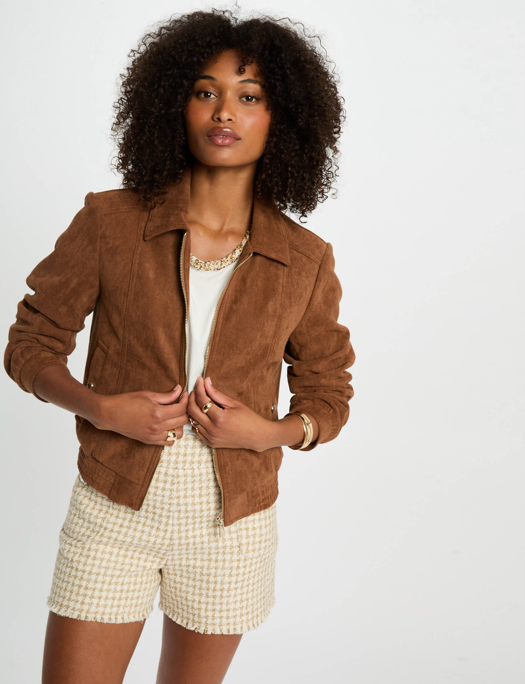 Blouson suédine marron cognac femme