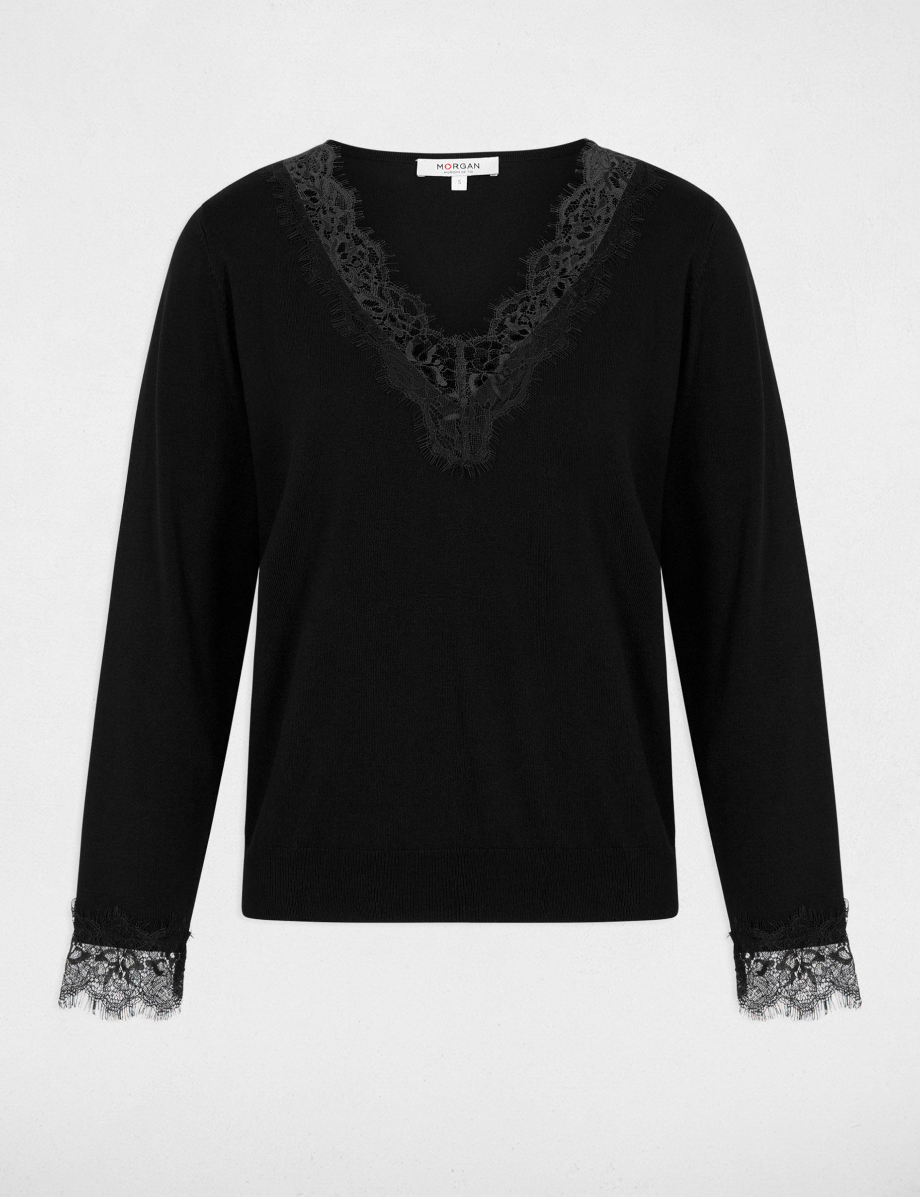 Pullover mit V-Ausschnitt und Spitze schwarz damen