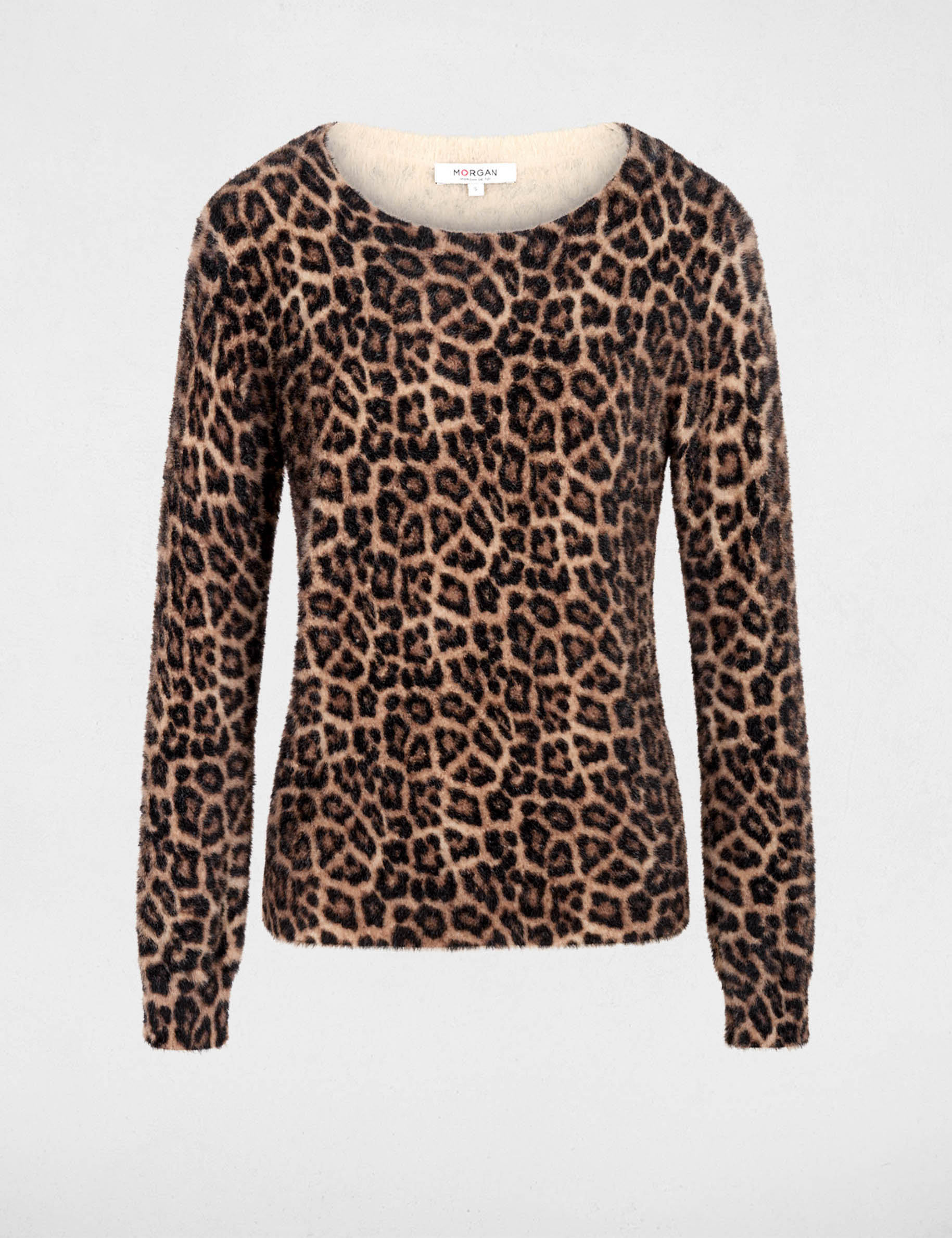 Rundhals-Pullover mit Leopardenmuster beige damen