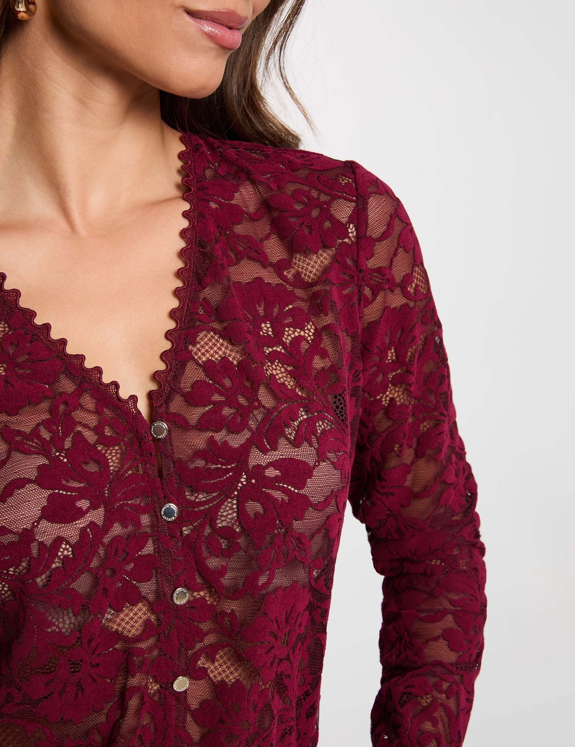 Spitzenbluse mit V-Ausschnitt pflaume damen