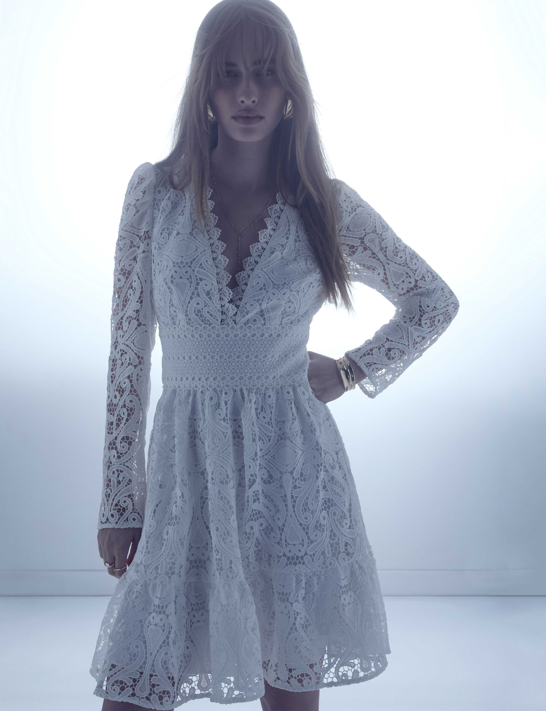 Kurzes, ausgestelltes Spitzenkleid weiss damen