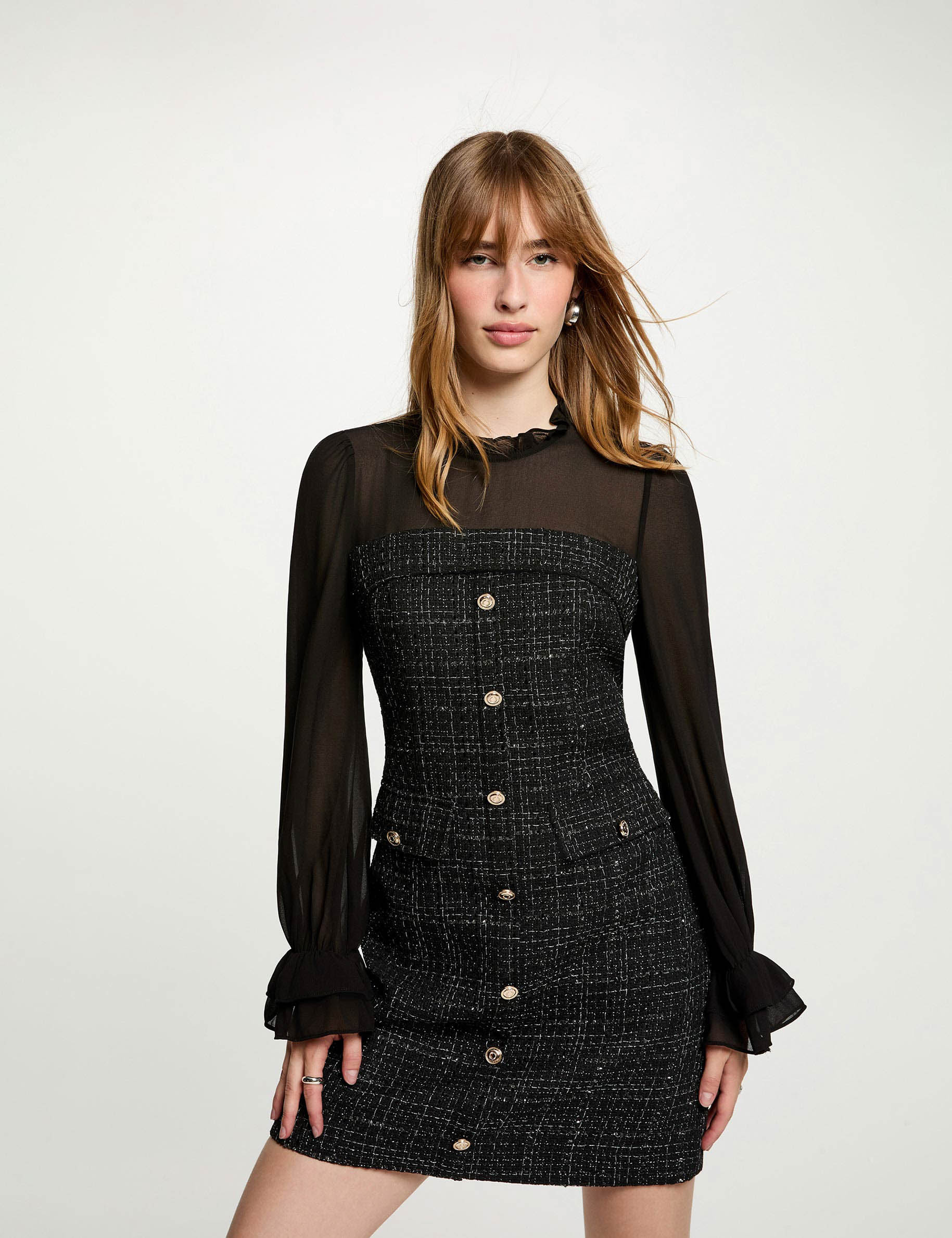 Kleid aus Tweed mit langen &Auml;rmeln schwarz damen