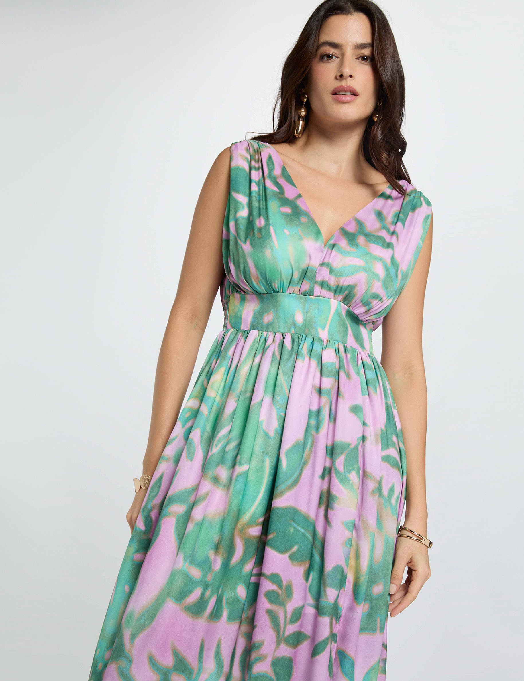 Langes Kleid mit V-Ausschnitt mehrfarbig damen