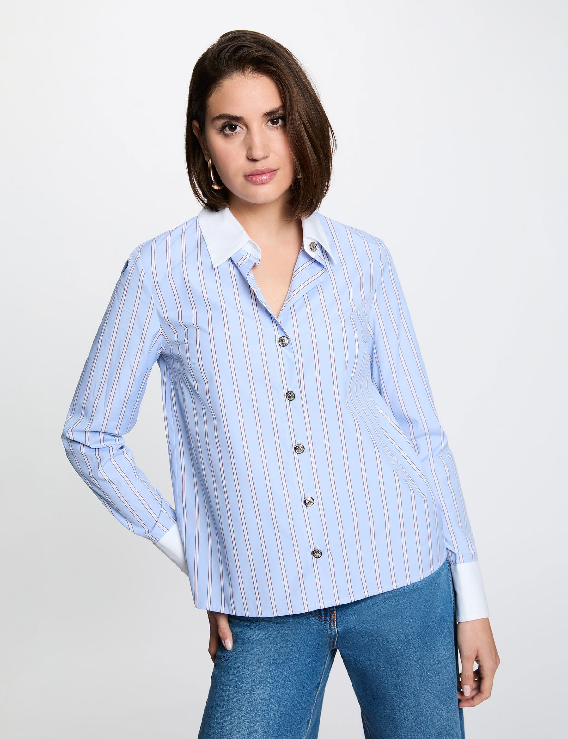 Gestreiftes Hemd mit Kontrastkragen himmelblau damen