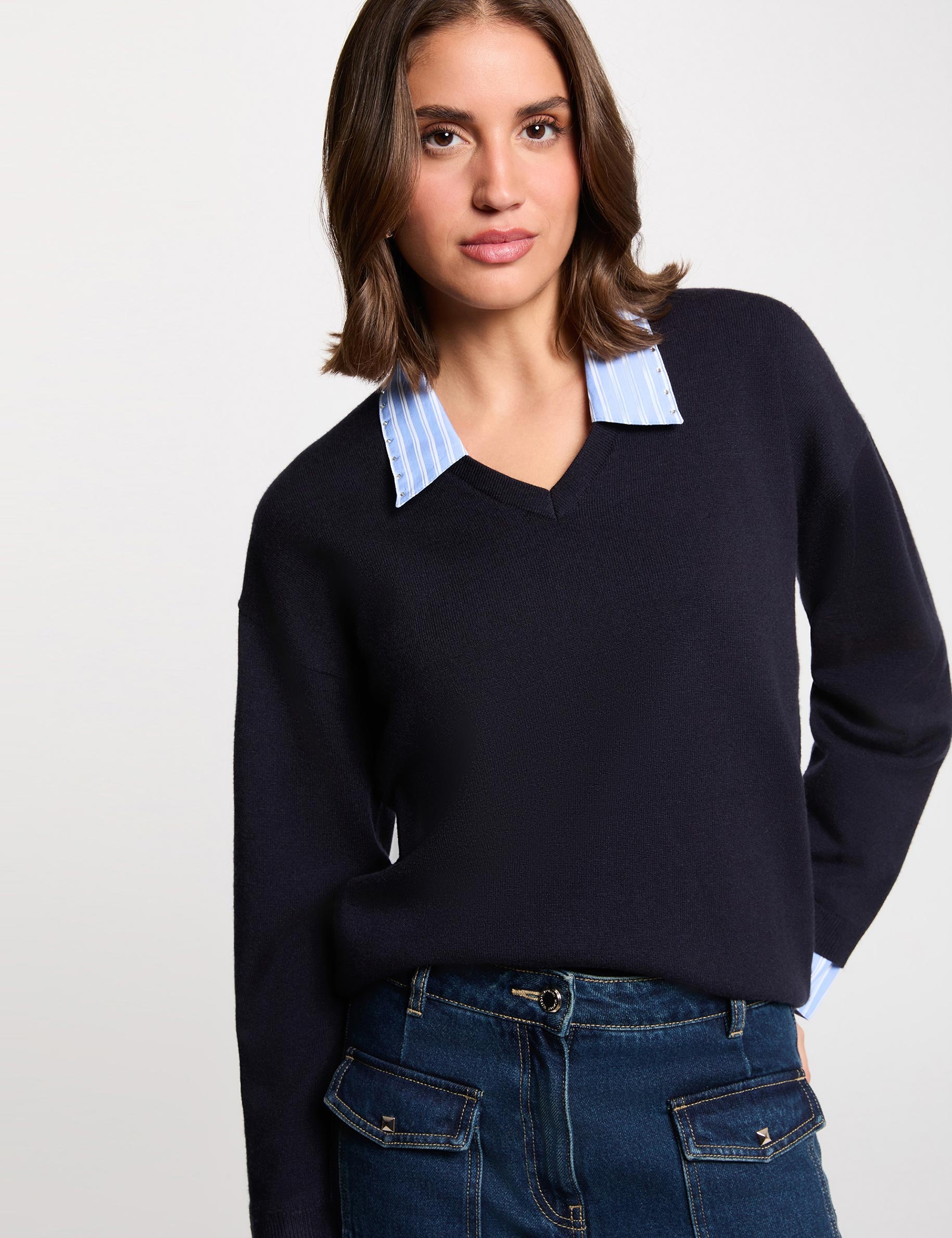 Gestreifter Pullover mit Reverskragen marineblau damen