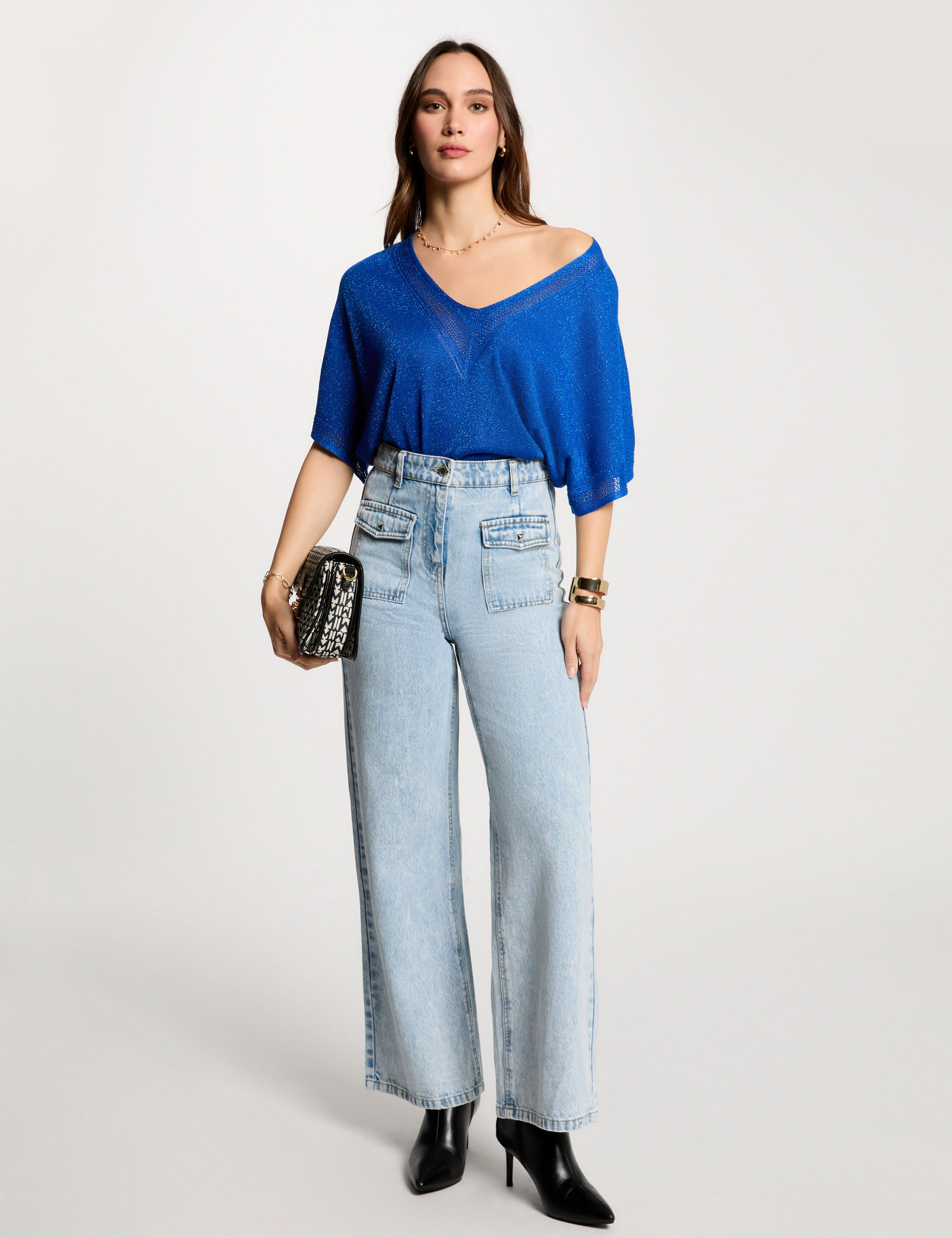 pull col en v manches courtes bleu electrique femme Pull col en V manches courtes bleu electrique femme