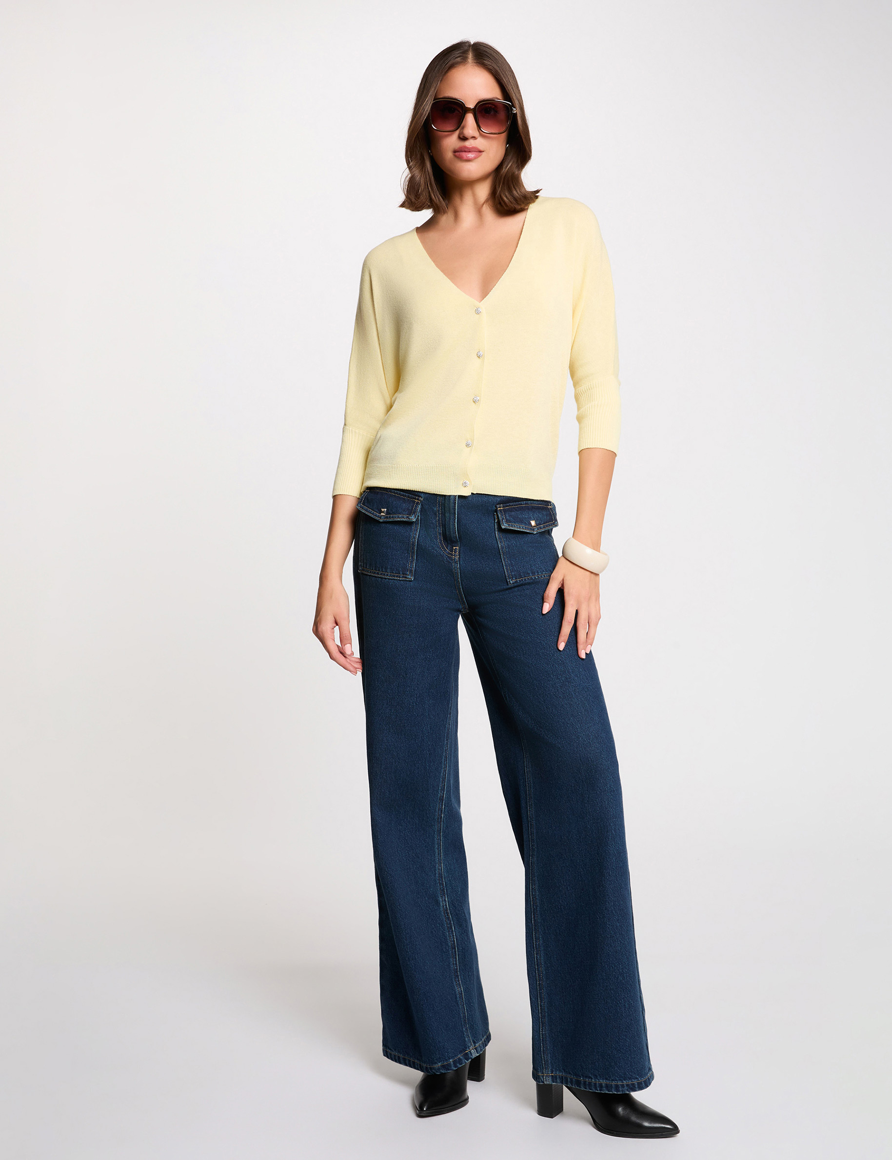 Strickjacke mit V-Ausschnitt hellgelb damen