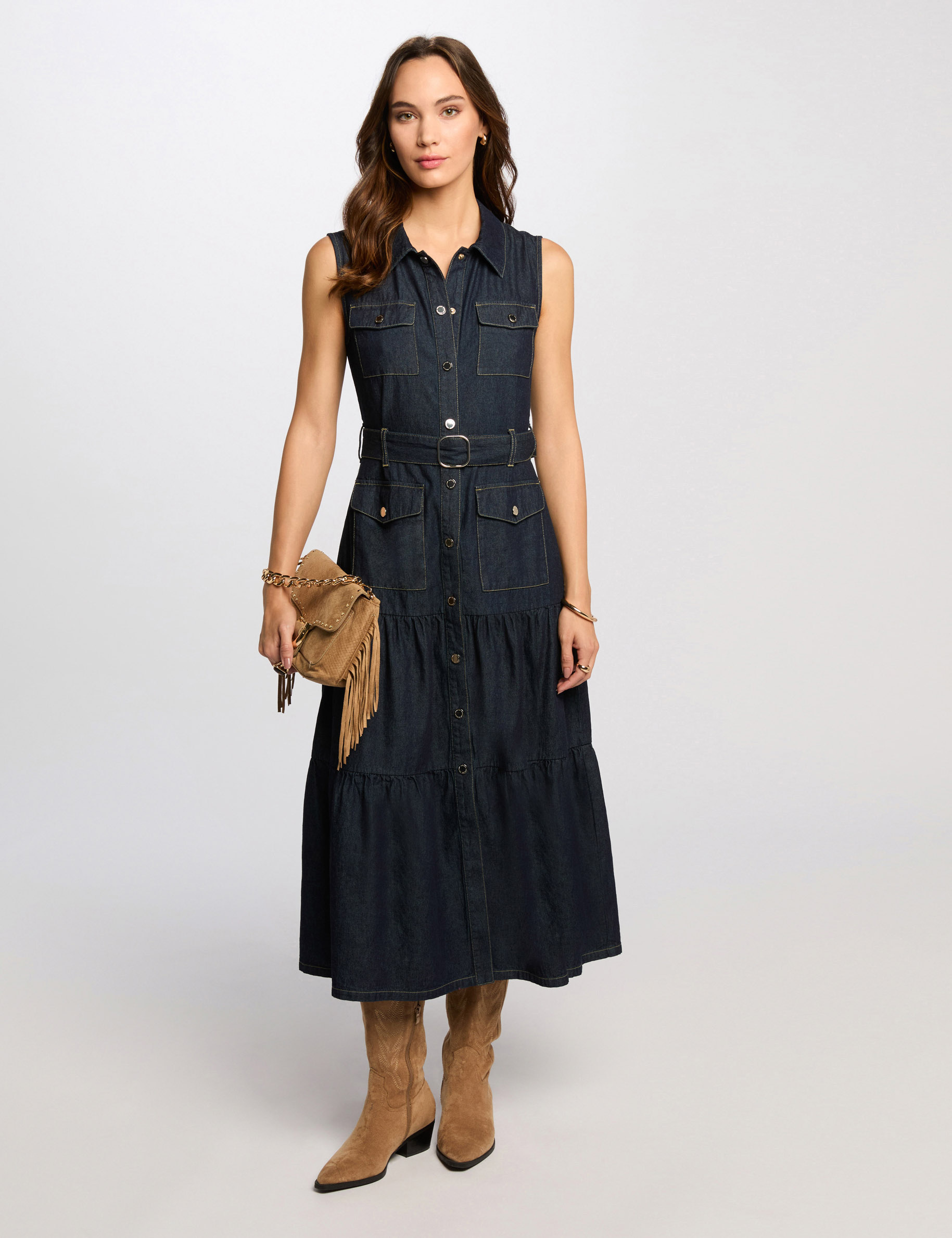 Langes gerade geschnittenes Jeanskleid rohes denim damen