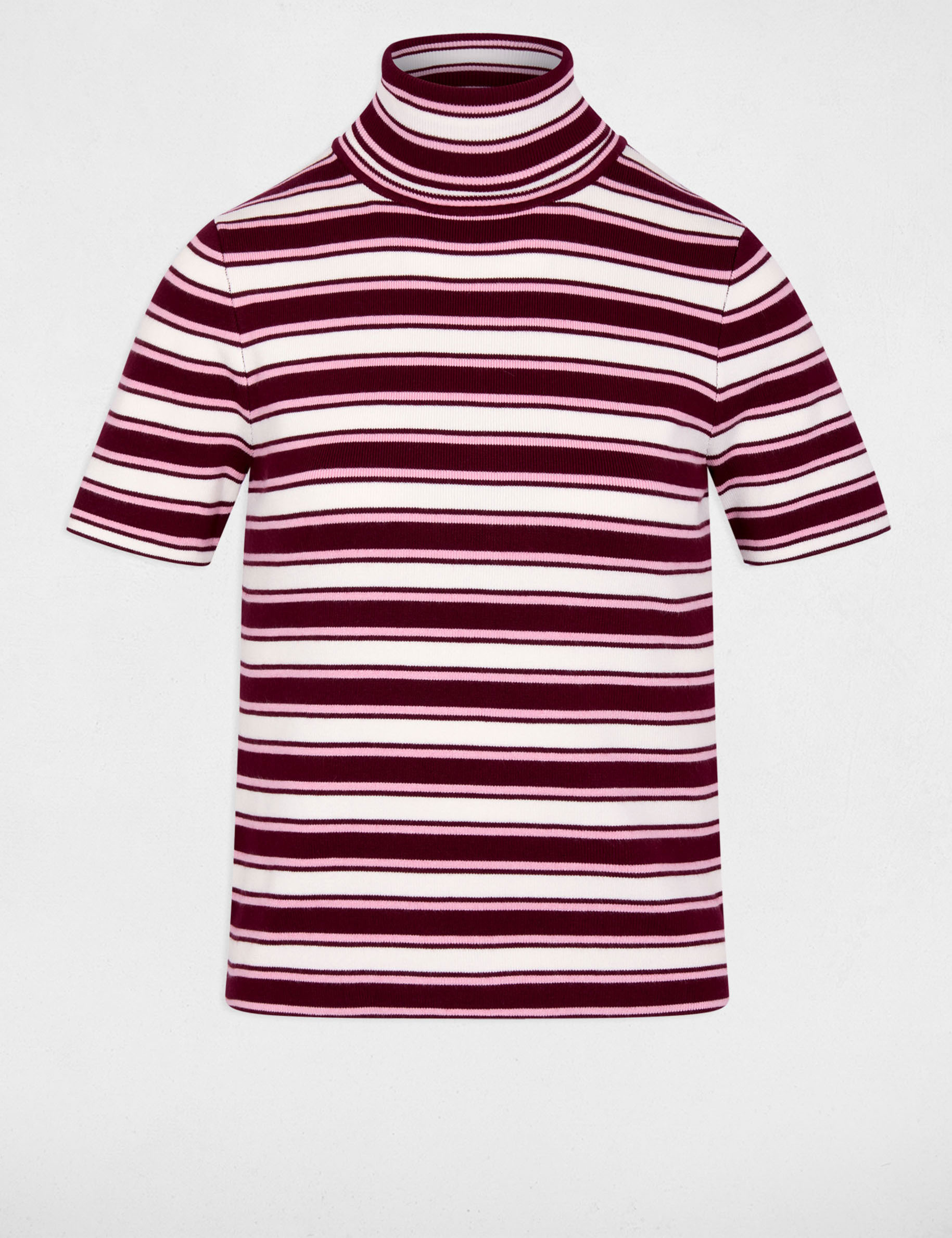 Pull col roul&eacute; ray&eacute; bordeaux femme
