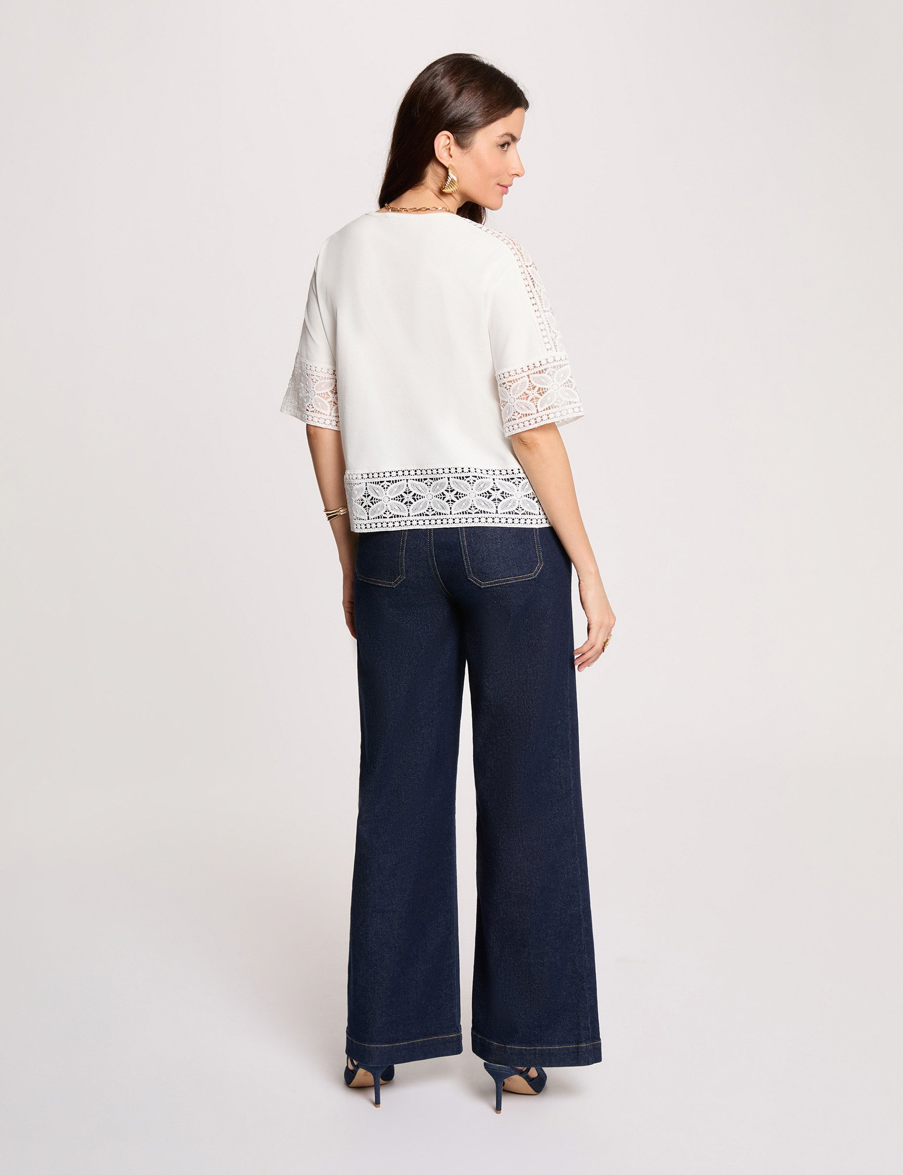 T-Shirt mit Rundhals und Spitze weiss damen