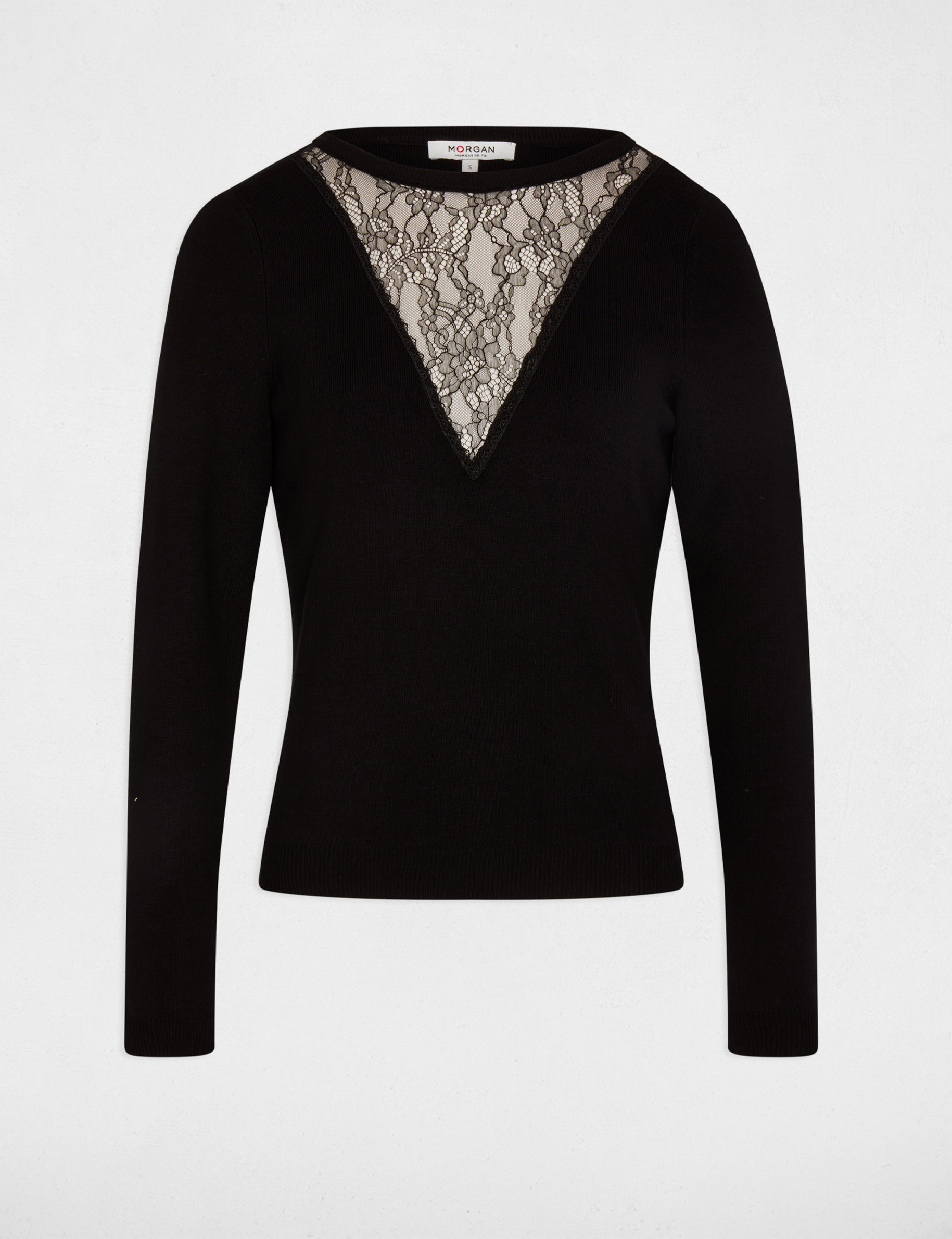 Pull col rond dentelle noir femme
