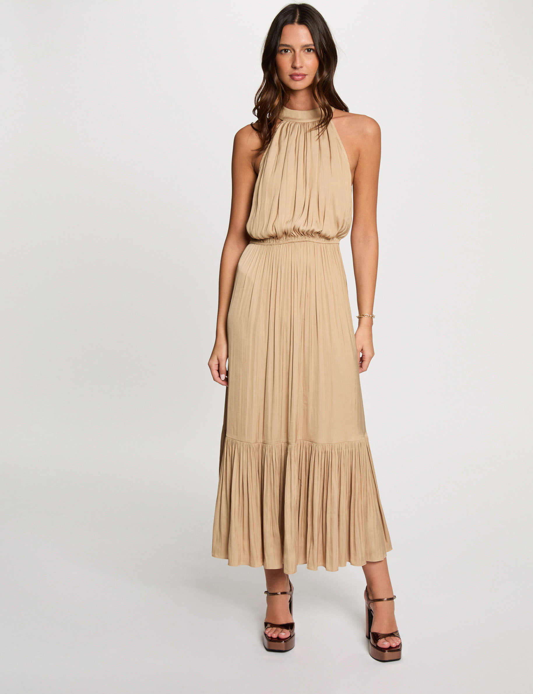 robe longue evasee fluide beige femme beige damen