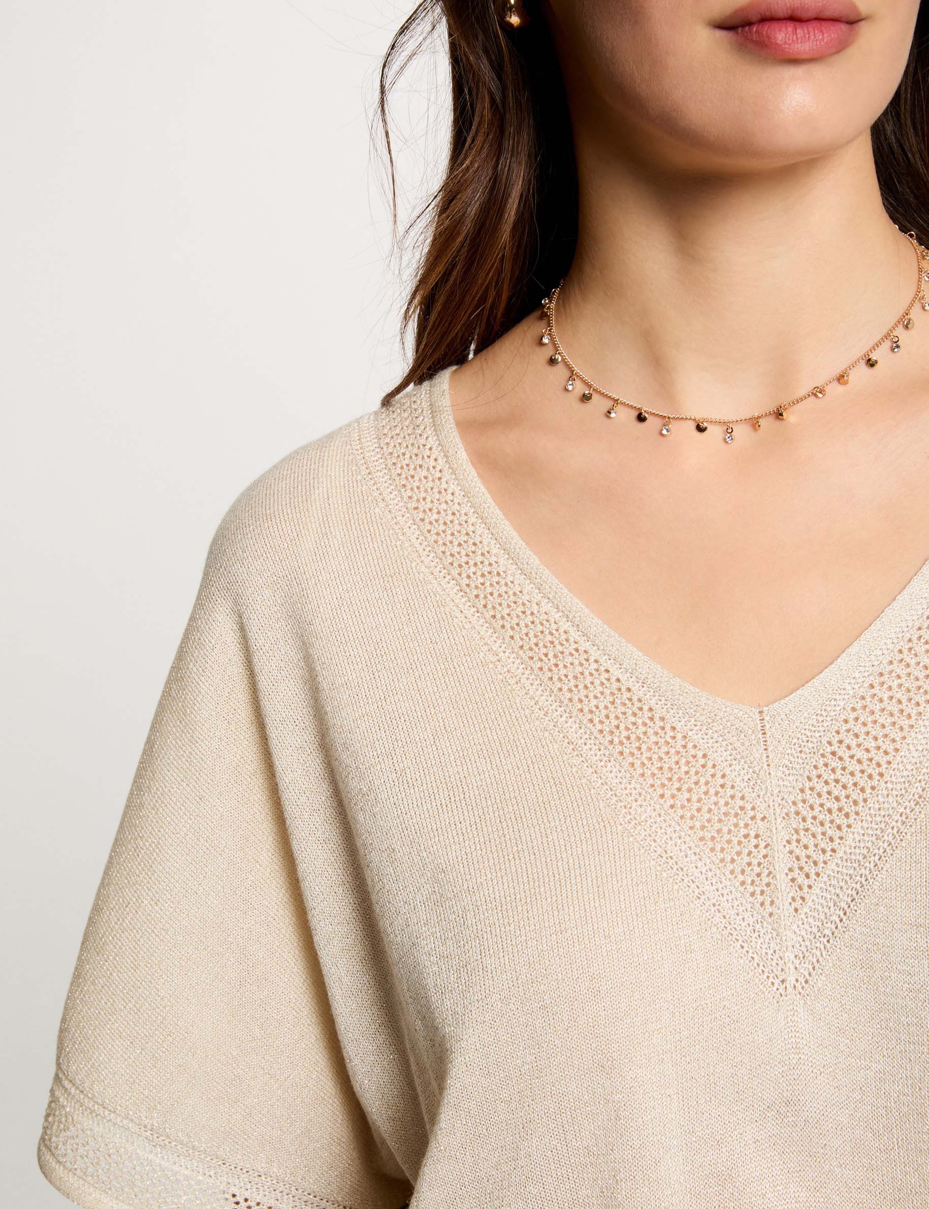 Pull col en V manches courtes ivoire femme