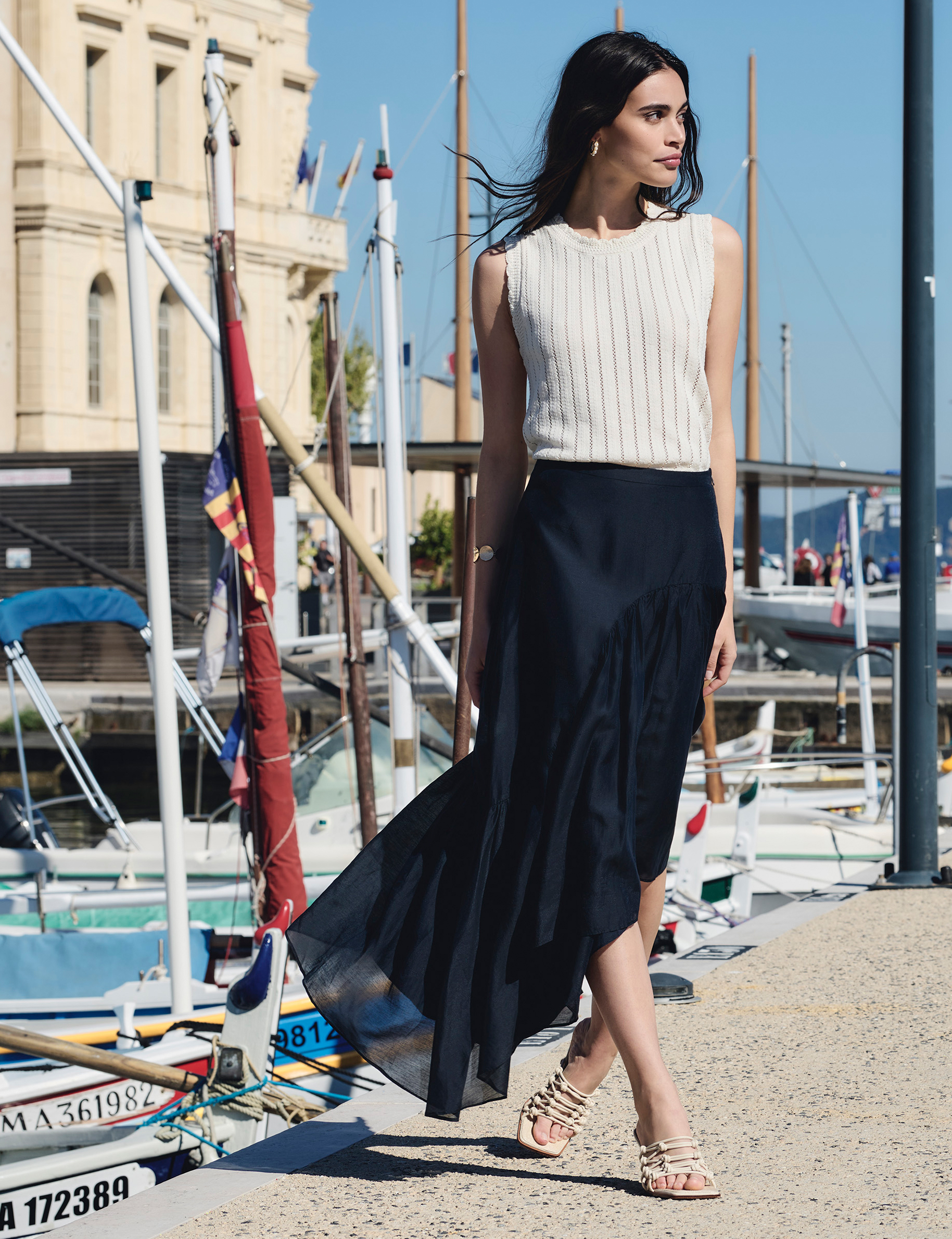 Jupe asym&eacute;trique taille haute bleu marine femme