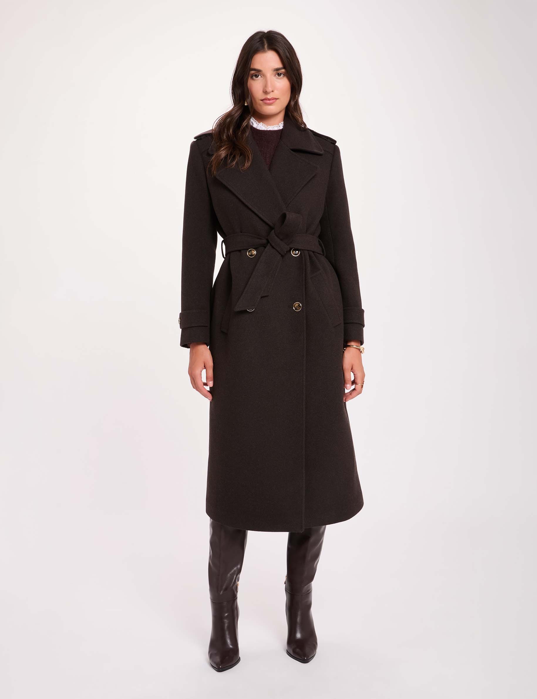 Langer Mantel mit G&uuml;rtel dunkelbraun damen