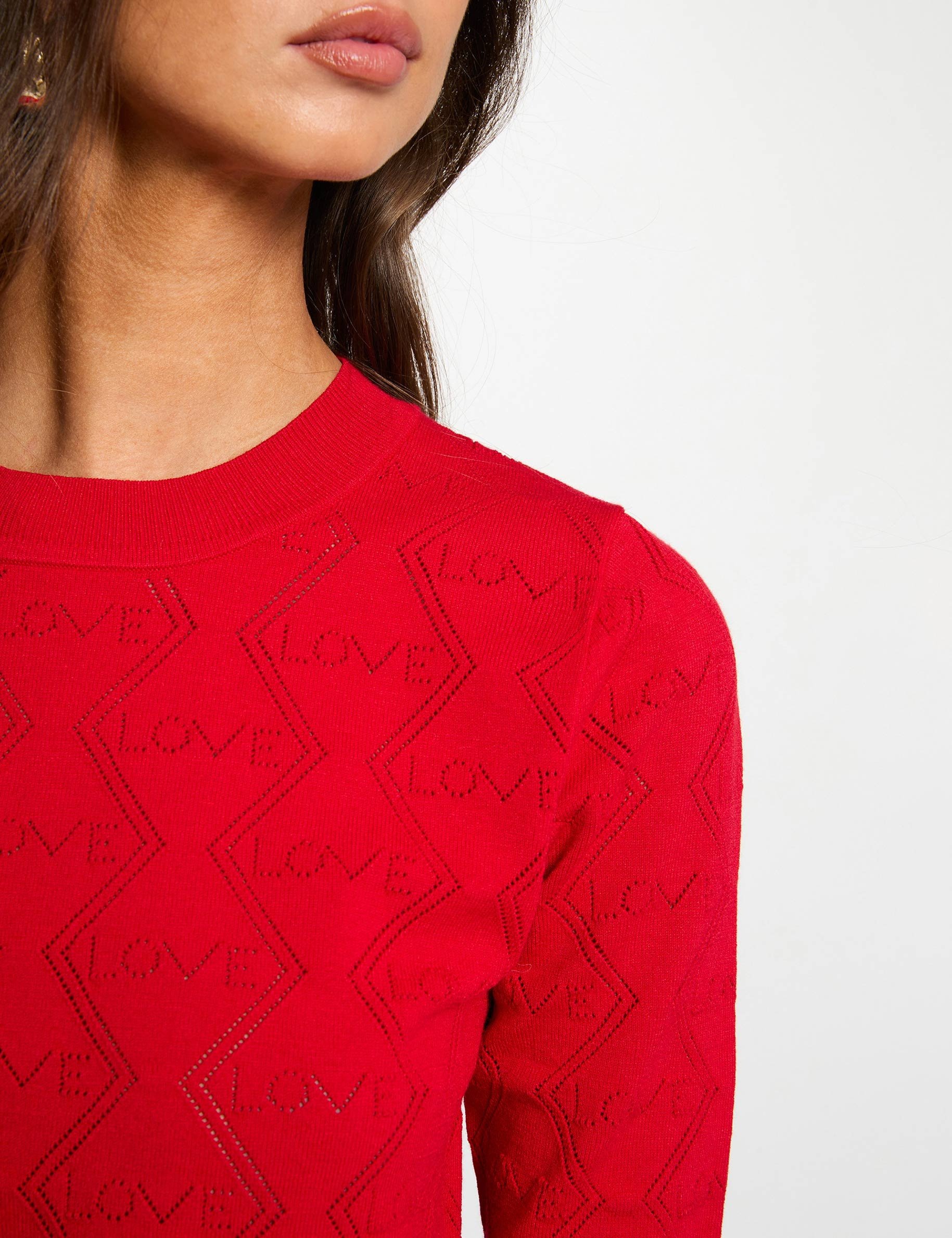 Pull ajour&eacute; manches 3/4 rouge femme