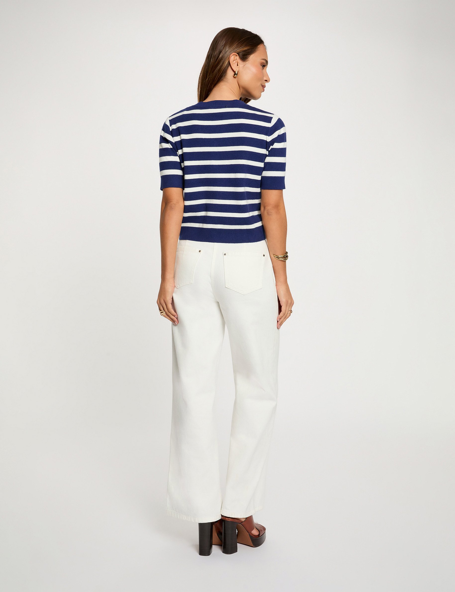 Gestreifte Strickjacke mit kurzen &Auml;rmeln marineblau damen