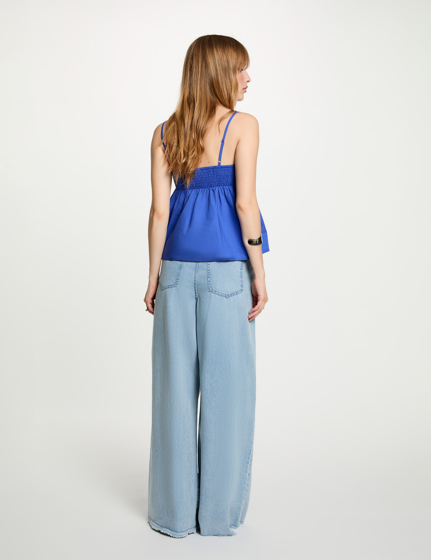 Weit geschnittene hochgeschnittene Hose gebleichtes denim damen
