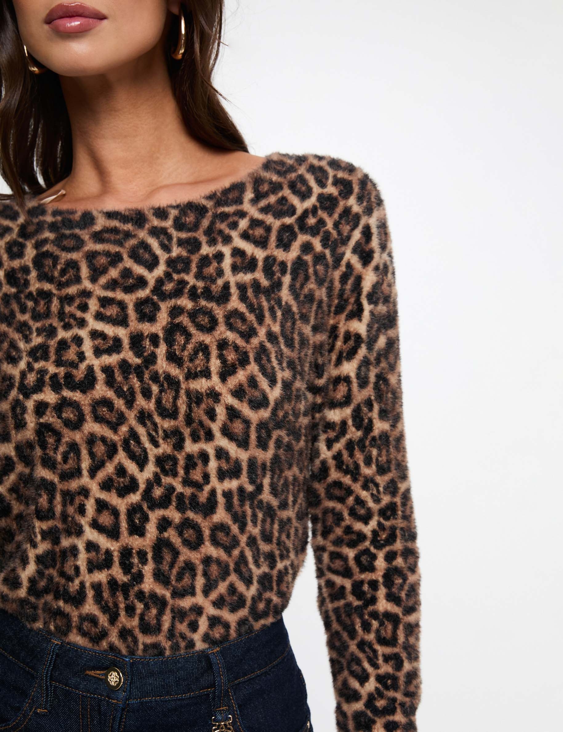 Rundhals-Pullover mit Leopardenmuster beige damen
