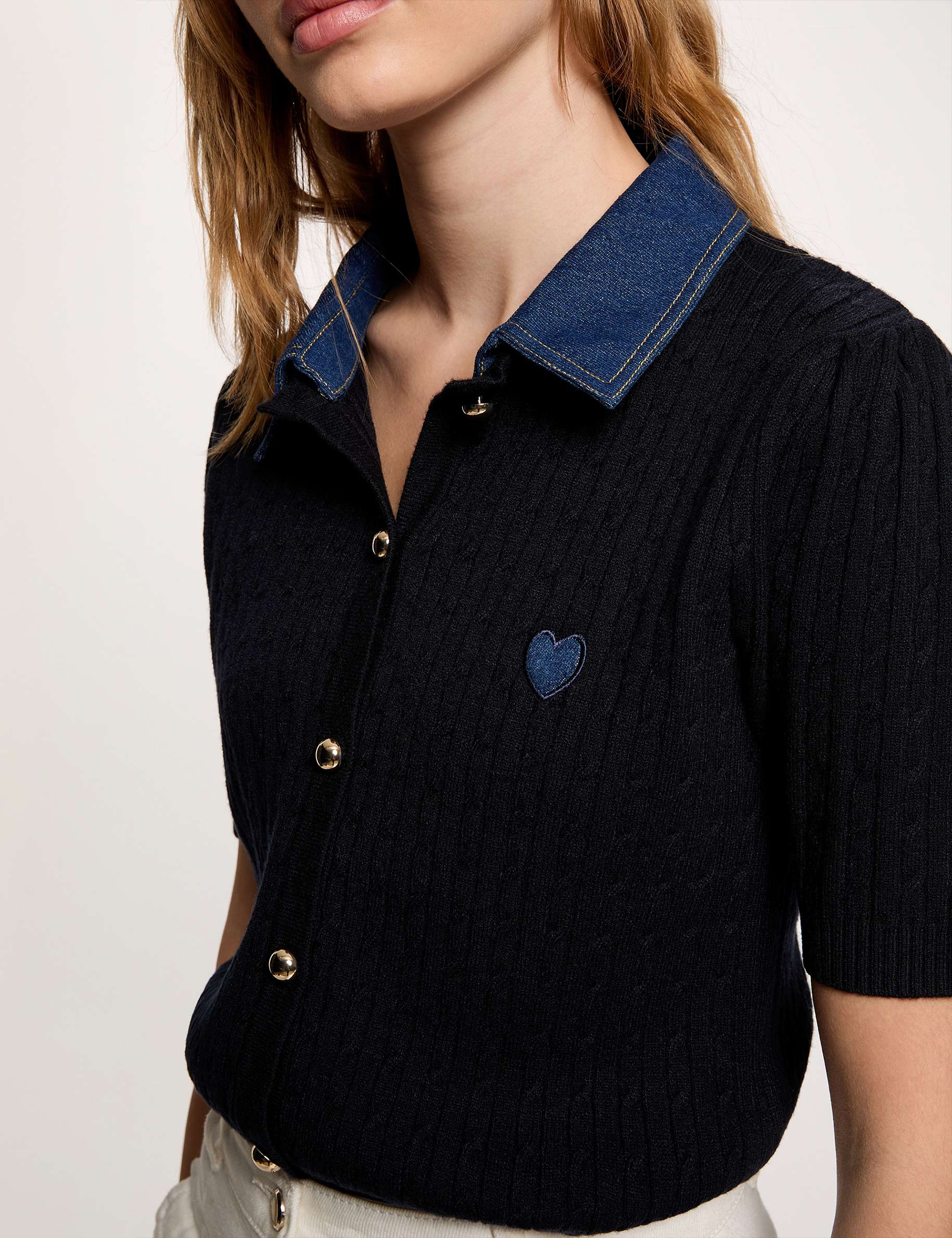 Pull col &agrave; revers bleu marine femme