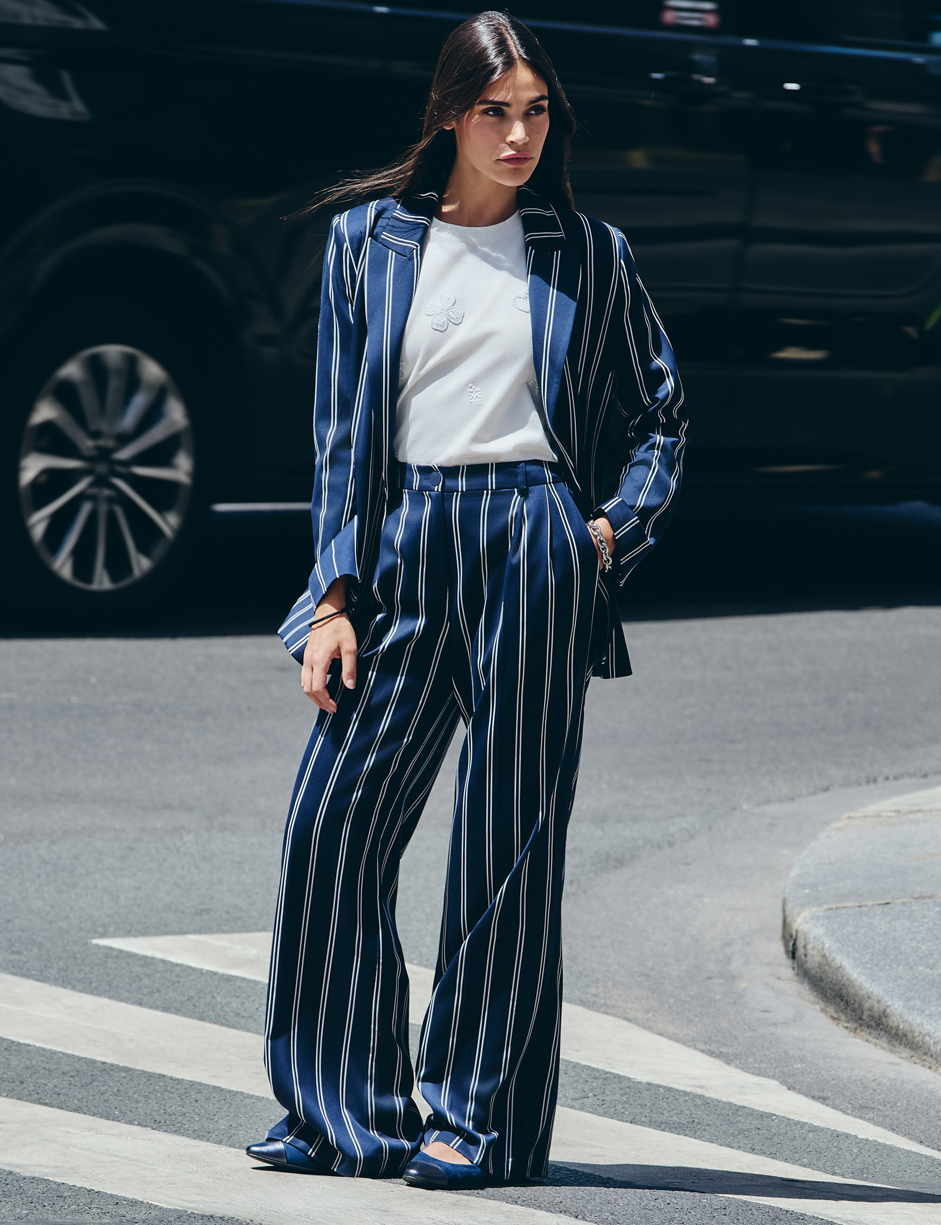 Pantalon large taille haute bleu marine femme
