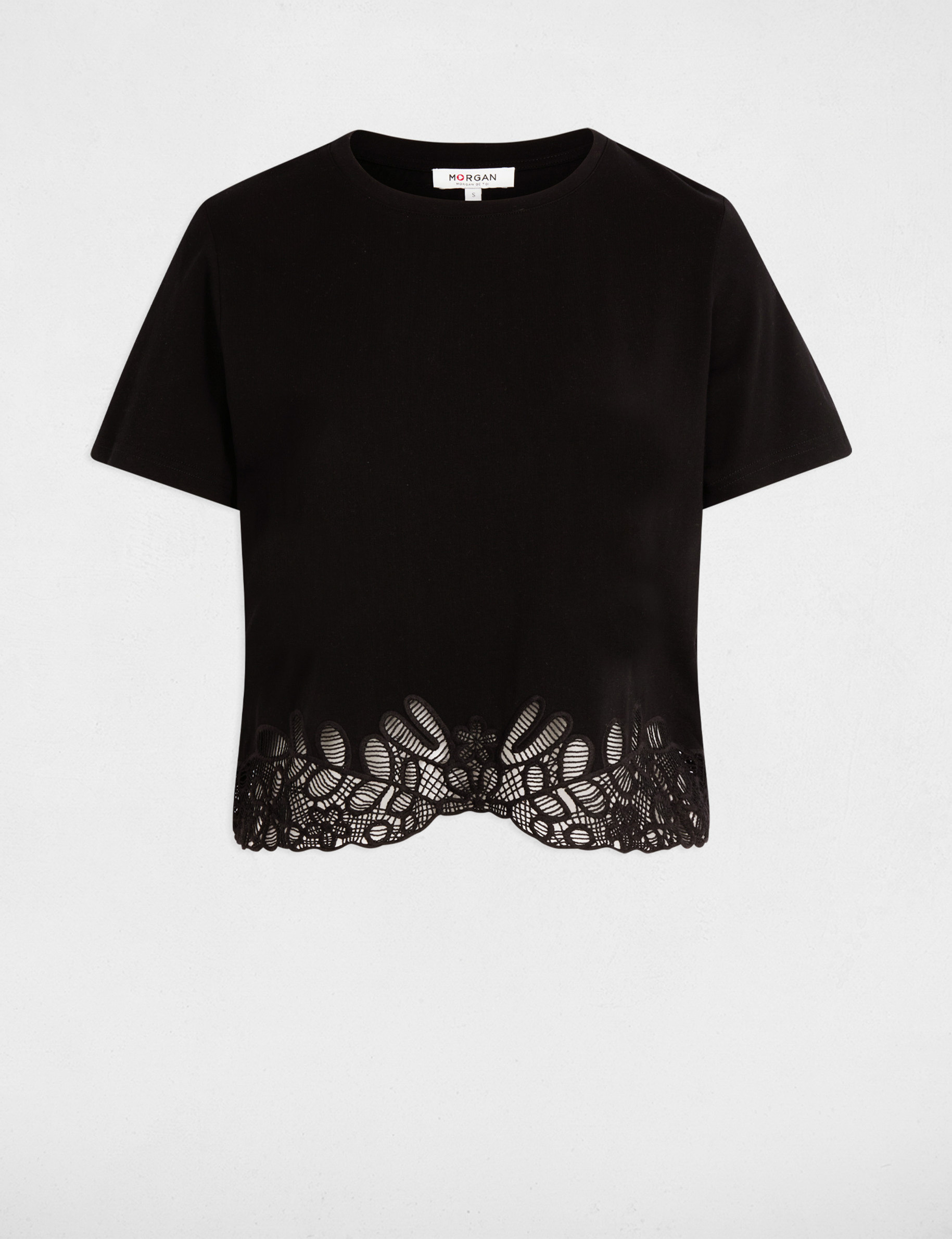 T-shirt brod&eacute; col rond noir femme