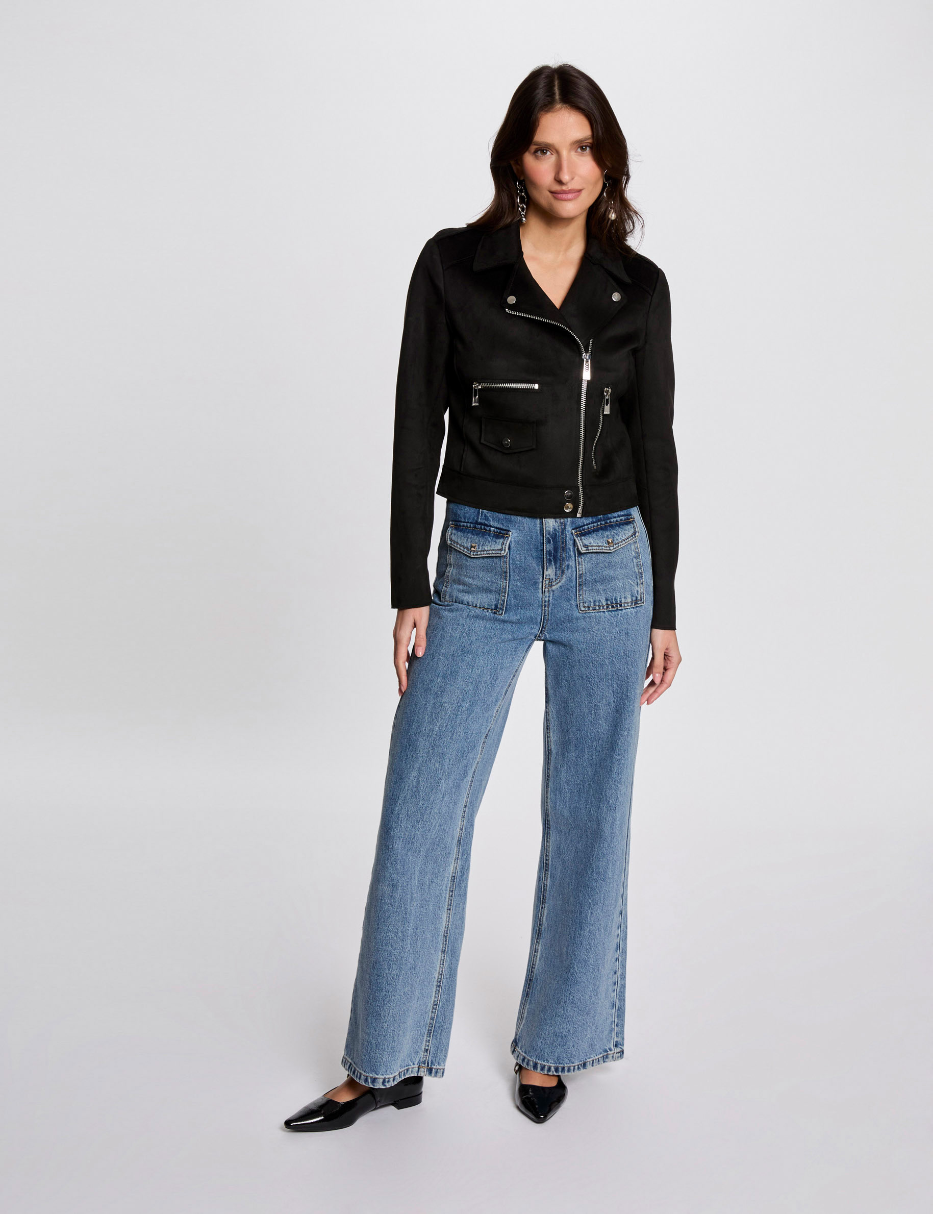 blouson court zippe suedine noir femme Blouson court zippé suédine noir femme