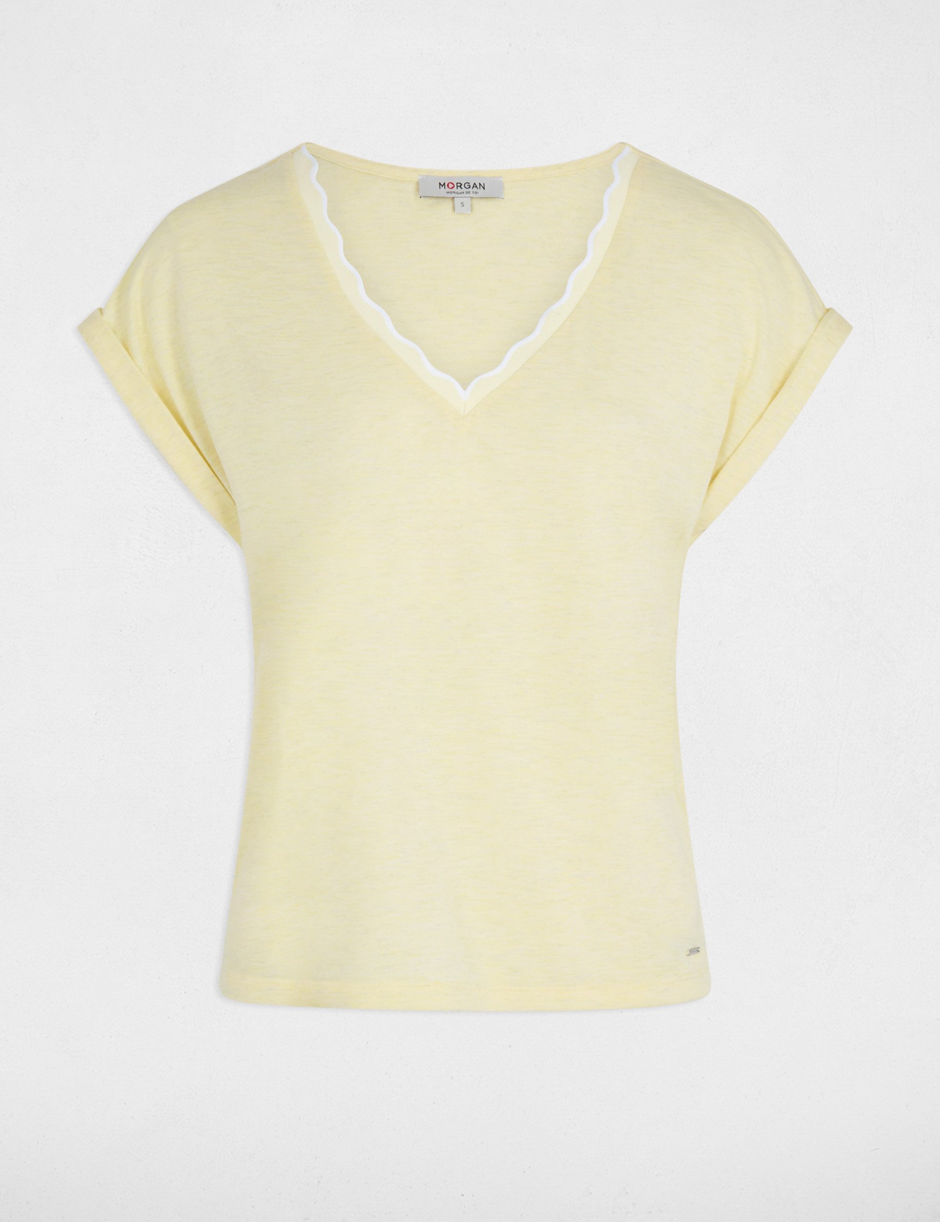 T-shirt col v manches courtes jaune pastel femme