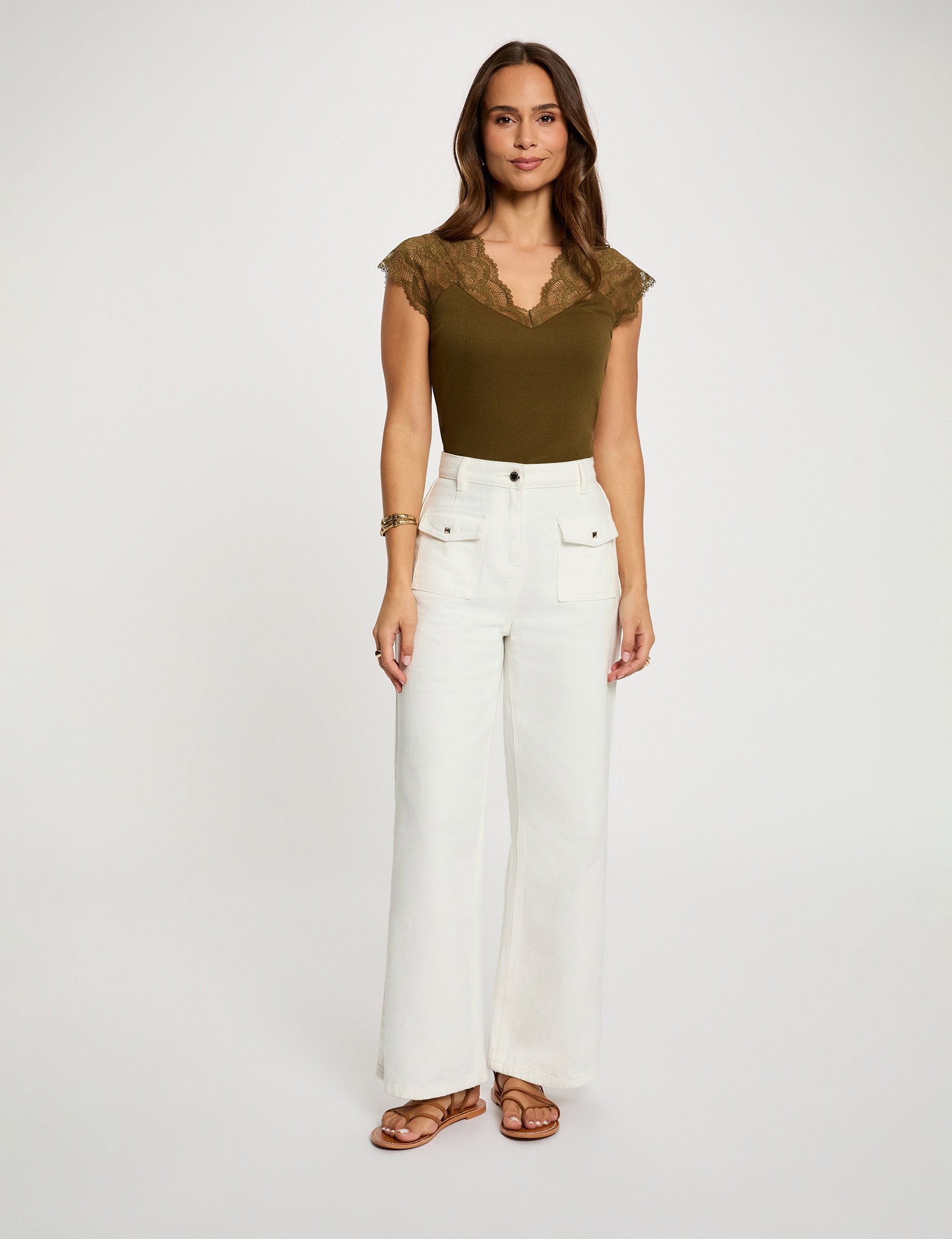 T-Shirt mit kurzen &Auml;rmeln khakigr&uuml;n damen