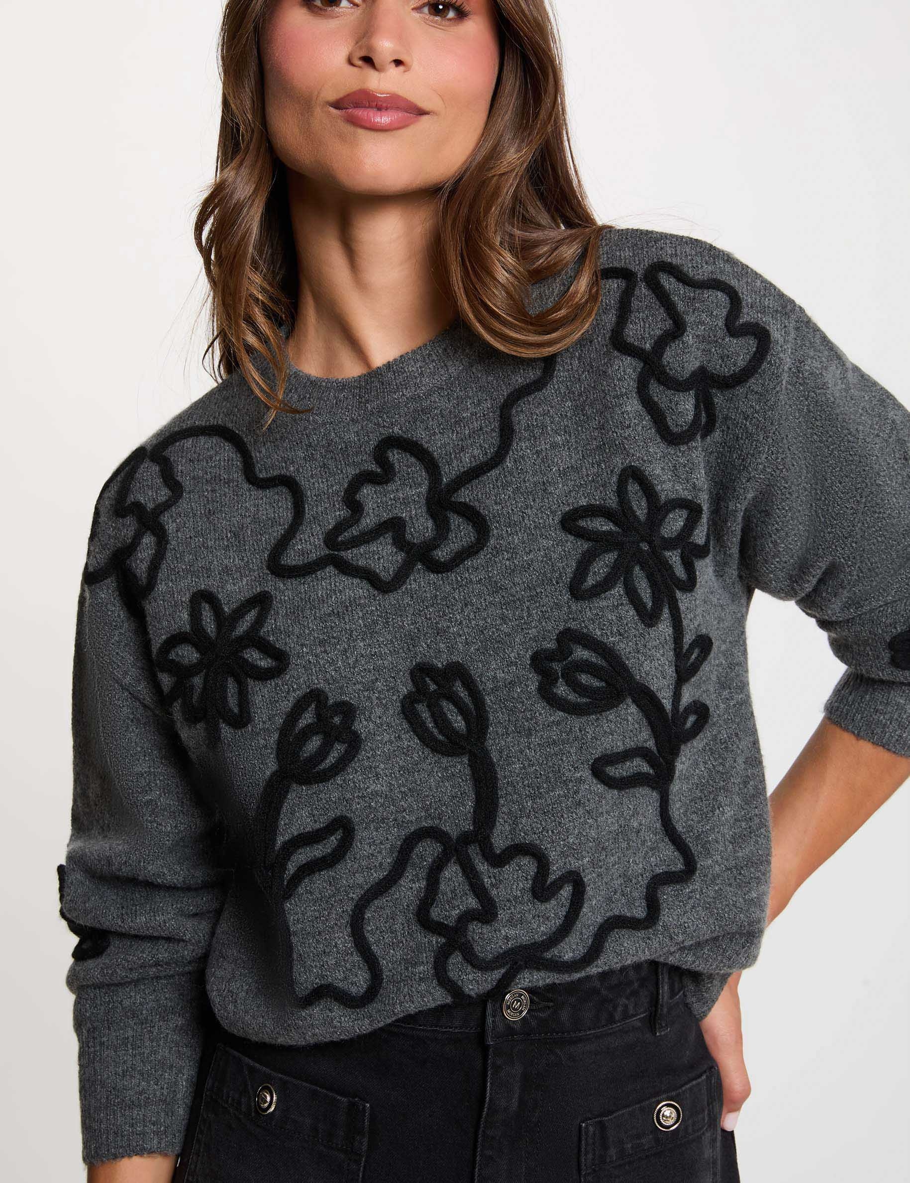 Pullover mit Rundhals und Muster dunkelgrau damen