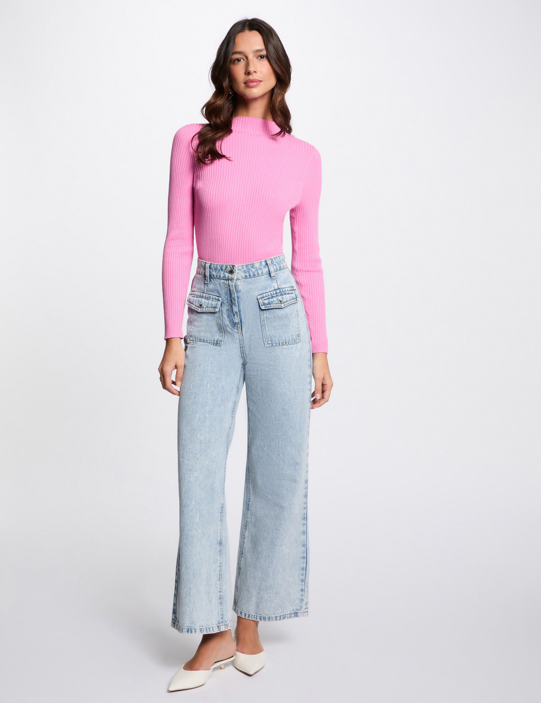 pull col montant cotele rose femme Pull col montant côtelé rose femme