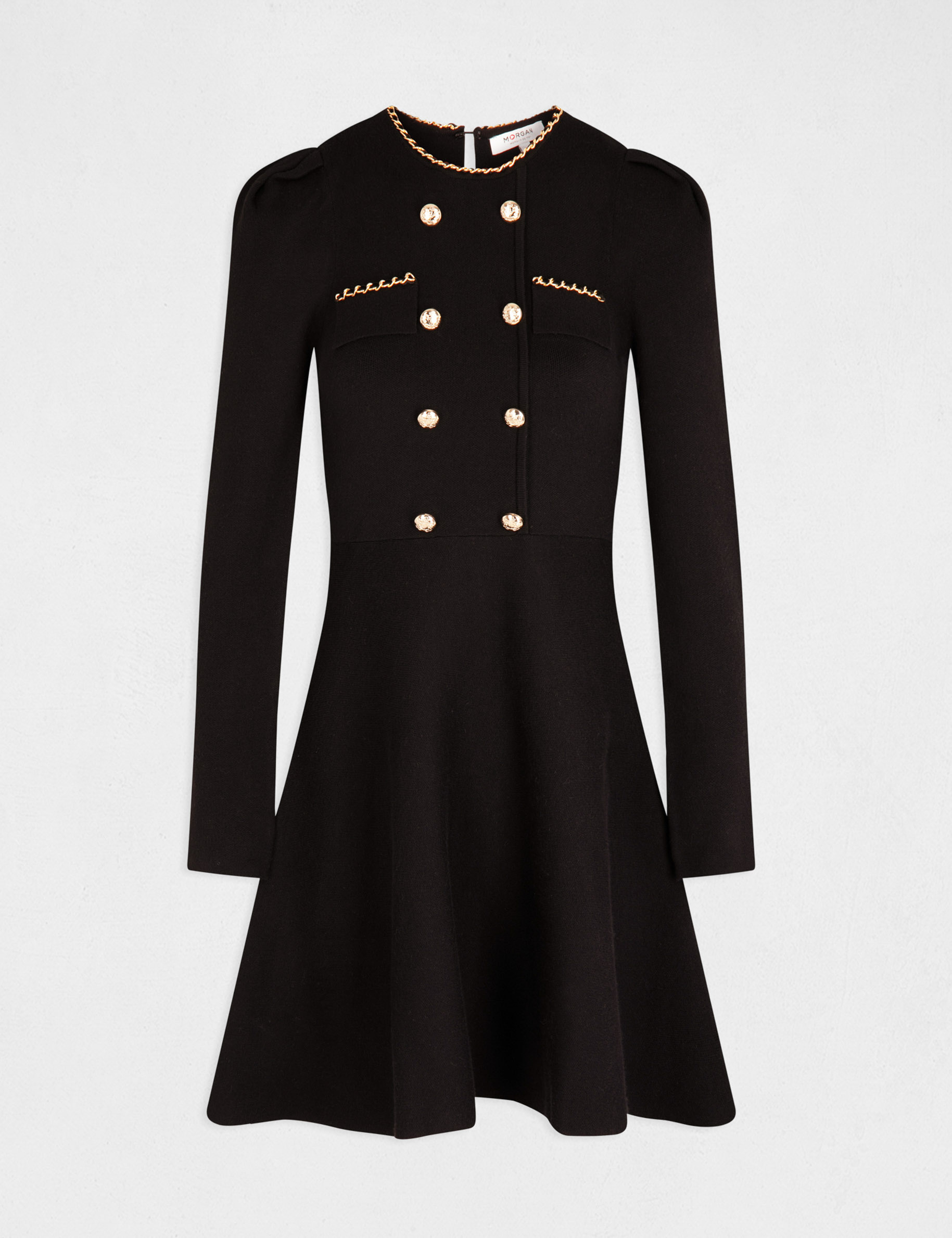 Robe tricot trap&egrave;ze avec boutons noir femme