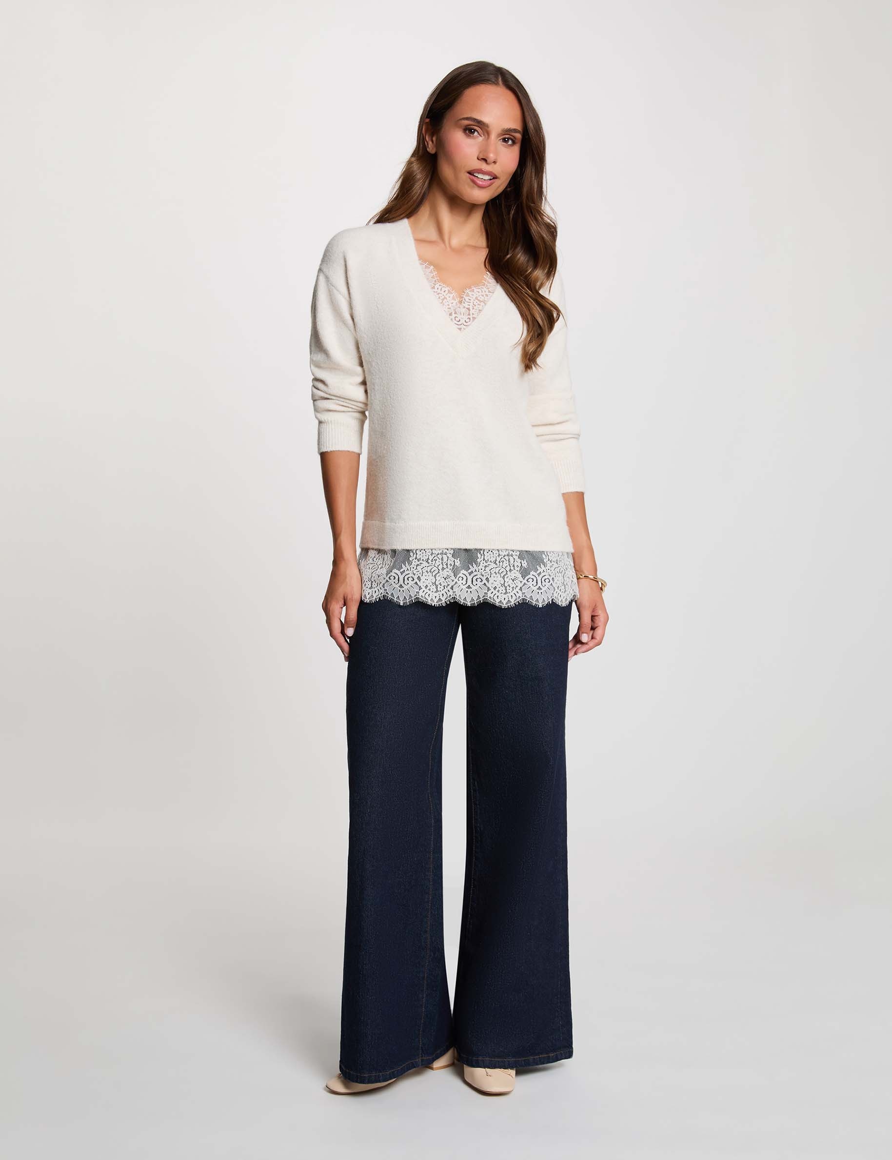 Pullover mit V-Ausschnitt elfenbein damen