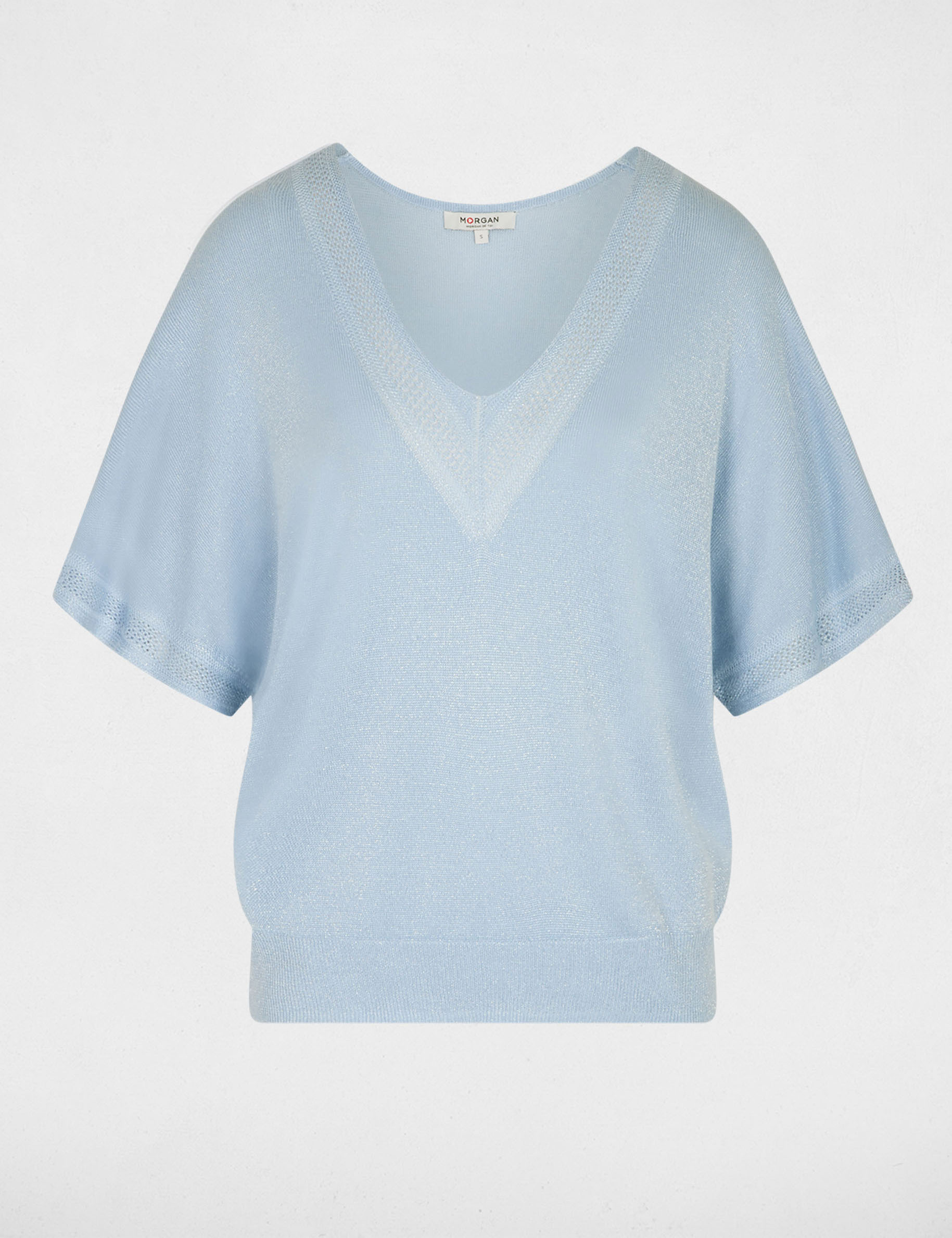 Pull col en V manches courtes bleu ciel femme