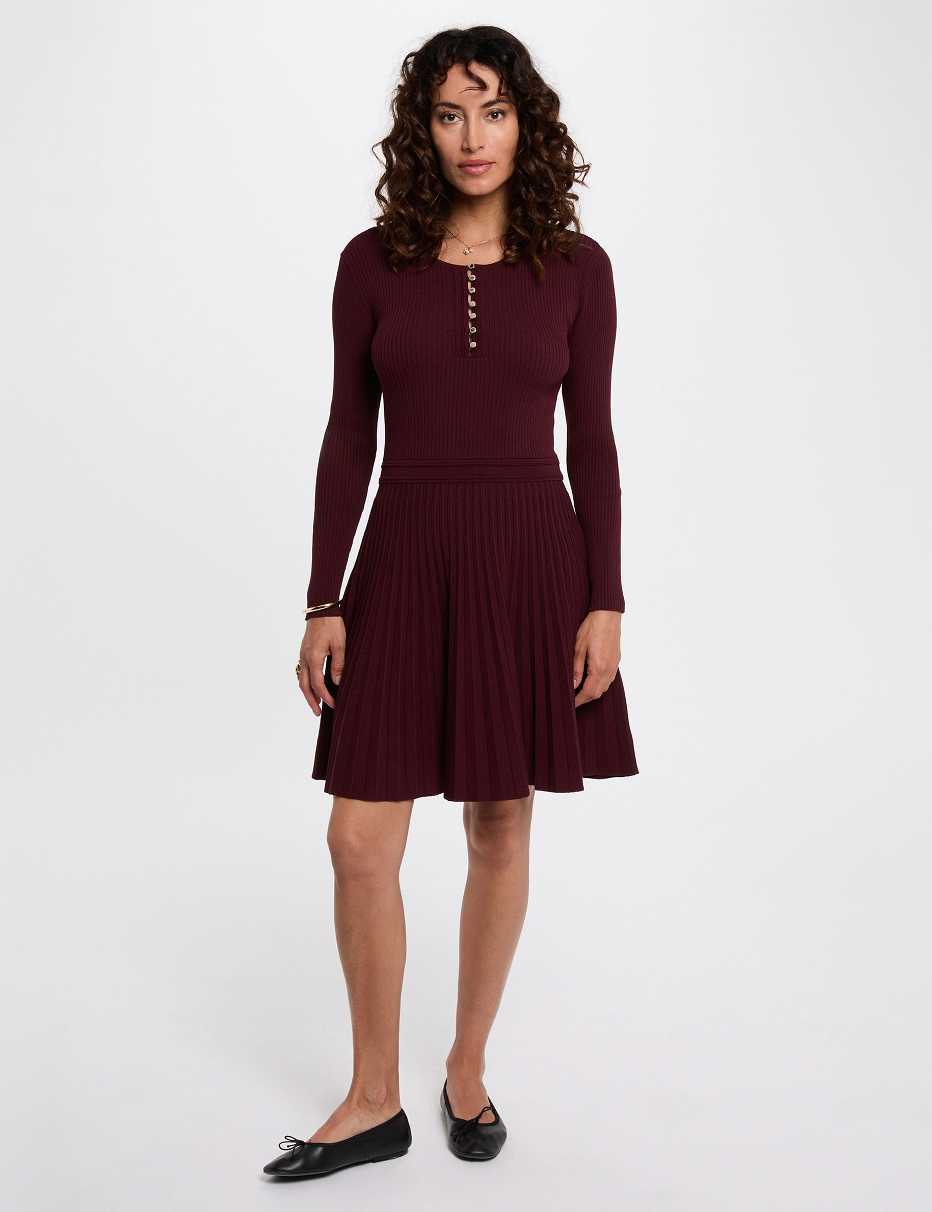 Robe tricot col rond prune femme