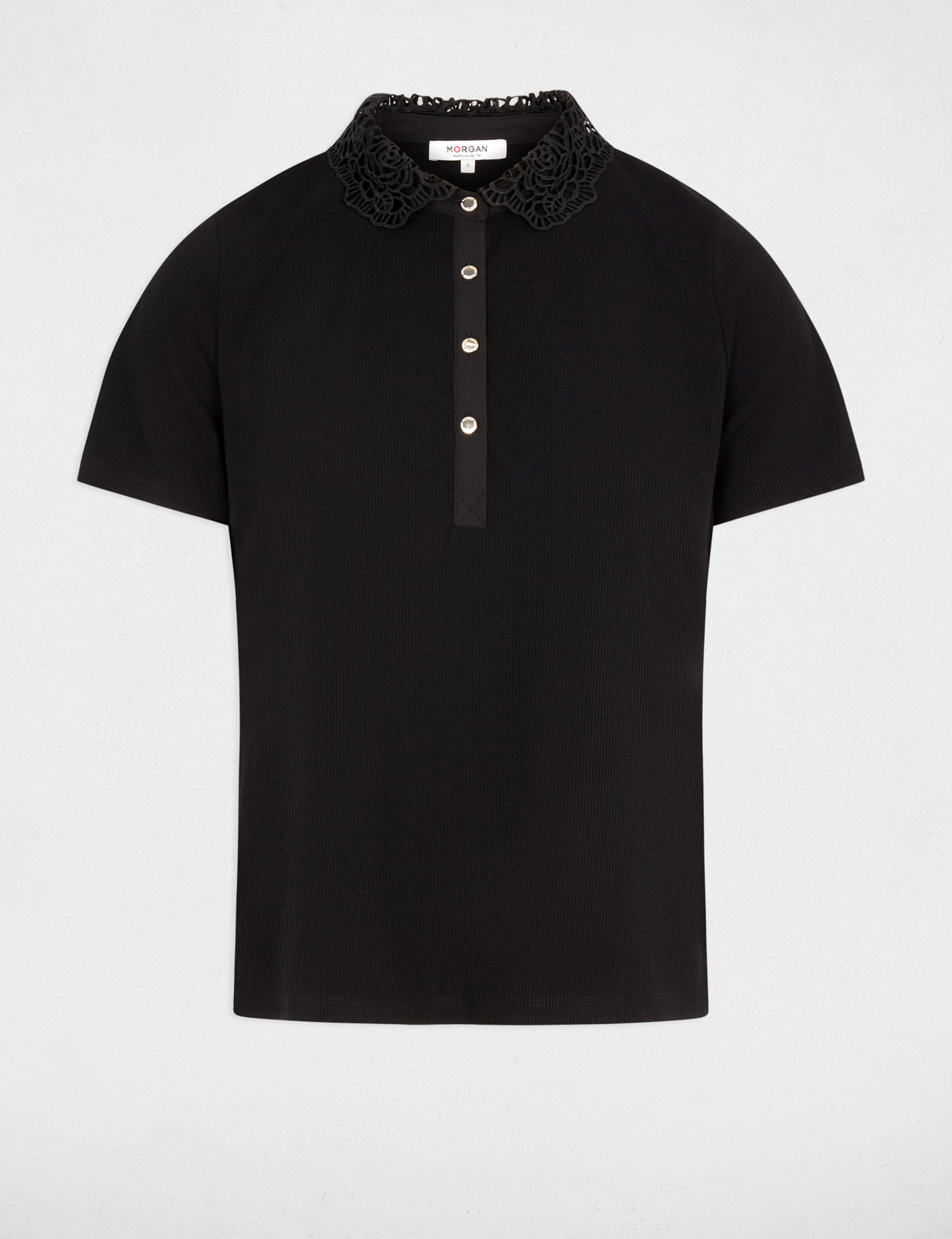 Maille l&eacute;g&egrave;re col dentelle noir femme