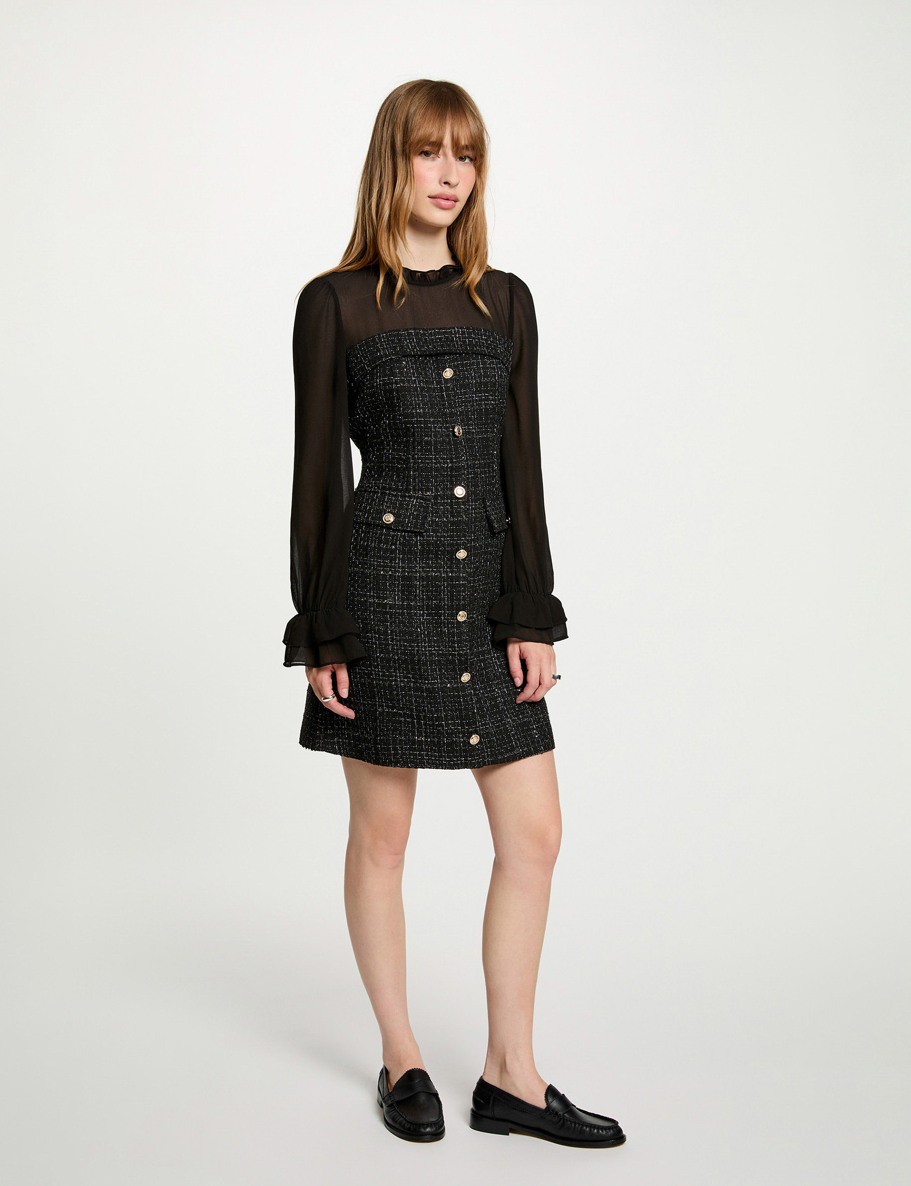 Kleid aus Tweed mit langen &Auml;rmeln schwarz damen