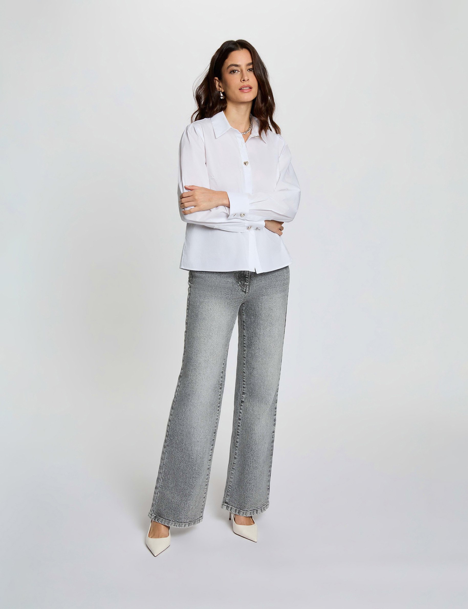 Weit geschnittene hochgeschnittene Hose snow gray denim damen