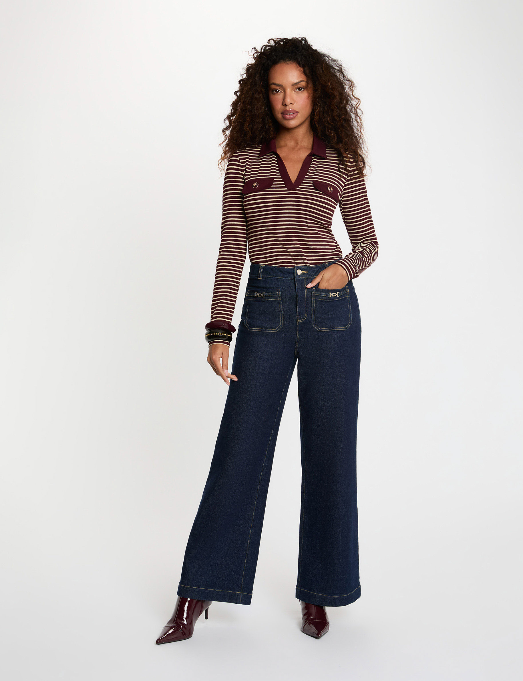 Gestreiftes Langarm-Polo bordeaux damen