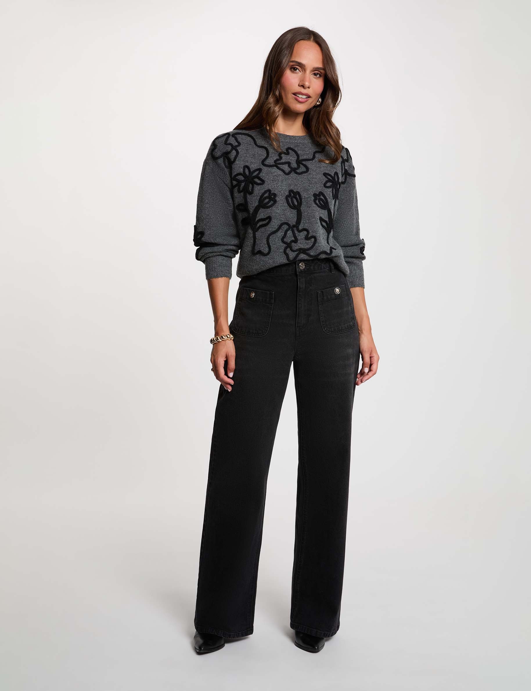 Pullover mit Rundhals und Muster dunkelgrau damen