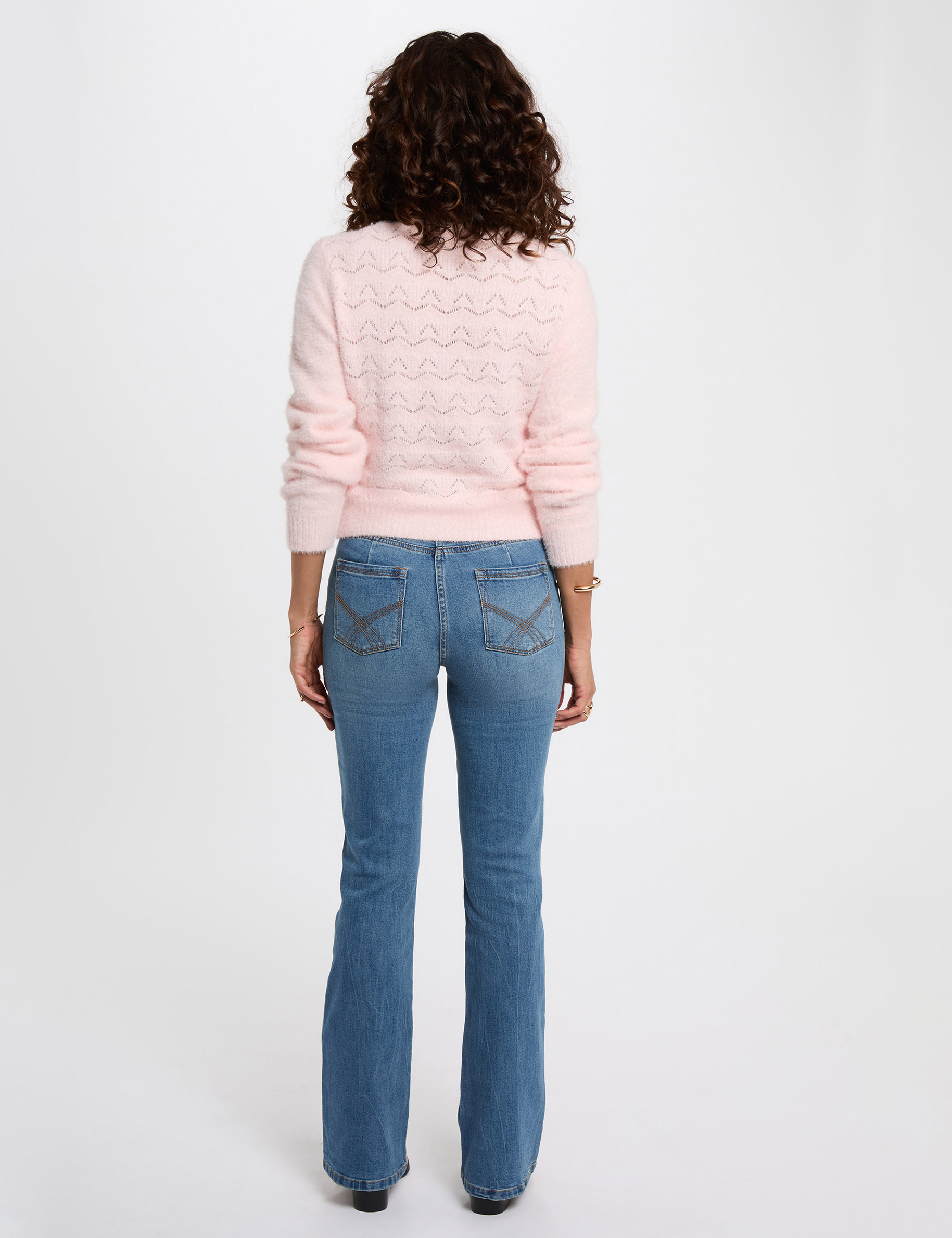 Gilet col v textur&eacute; rose clair femme