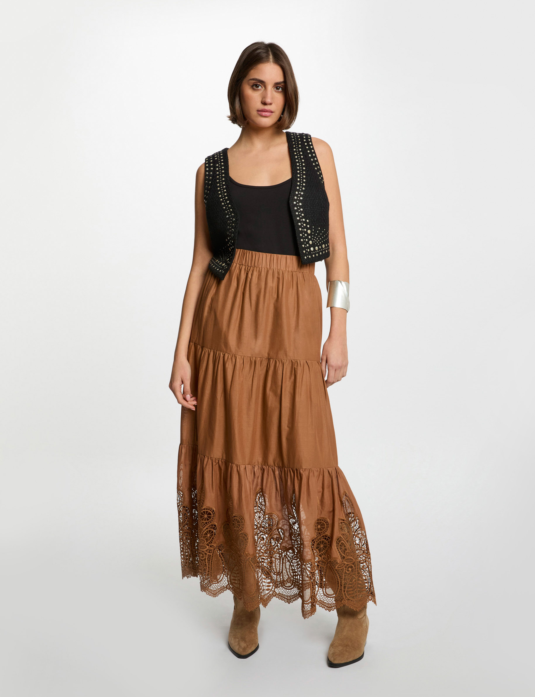 langer rock mit spitzen details cognacbraun damen Langer Rock mit Spitzen-Details cognacbraun damen