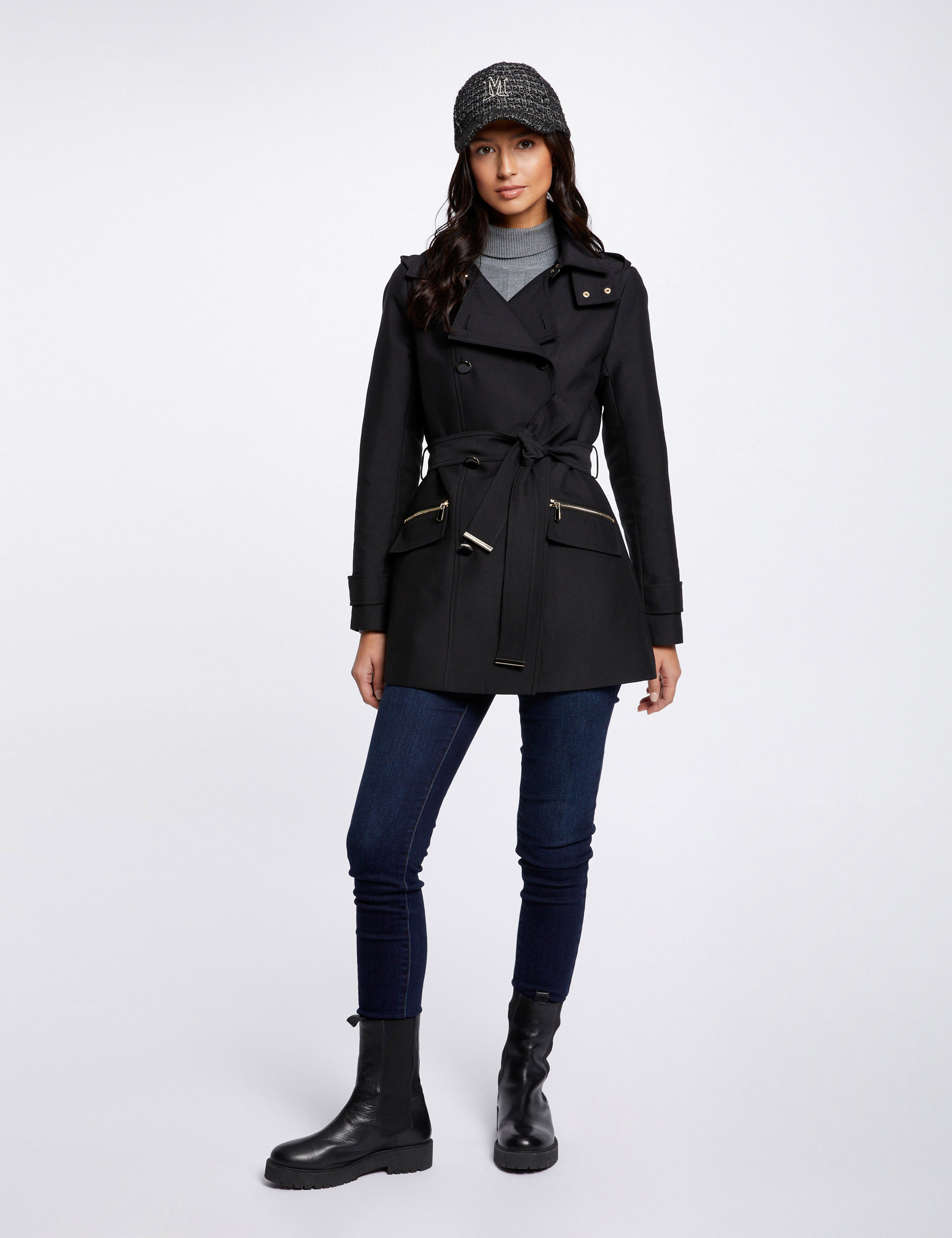 trenchcoat mit gurtel und kapuze schwarz damen Trenchcoat mit Gürtel und Kapuze schwarz damen