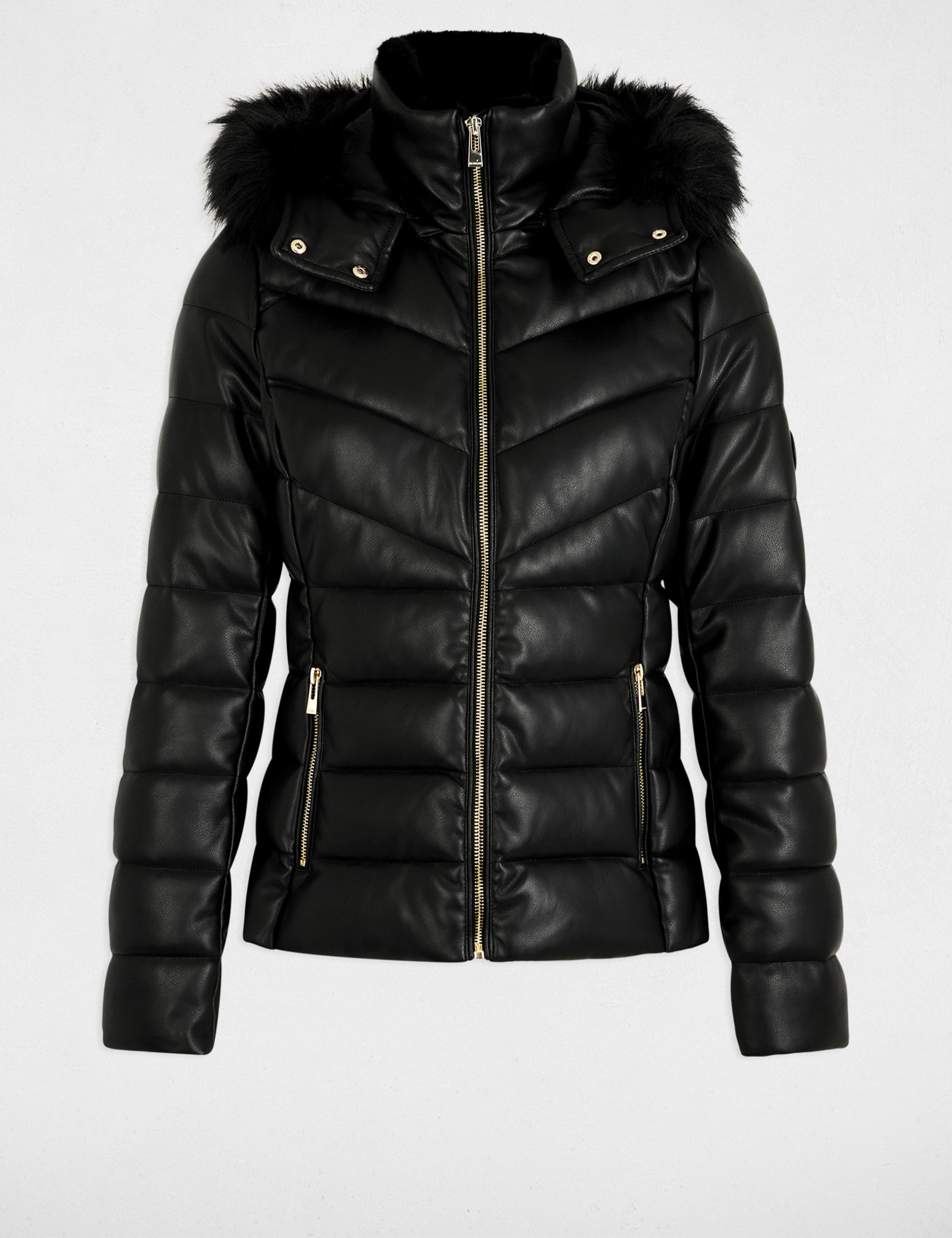Taillierte Kunstleder-Daunenjacke schwarz damen