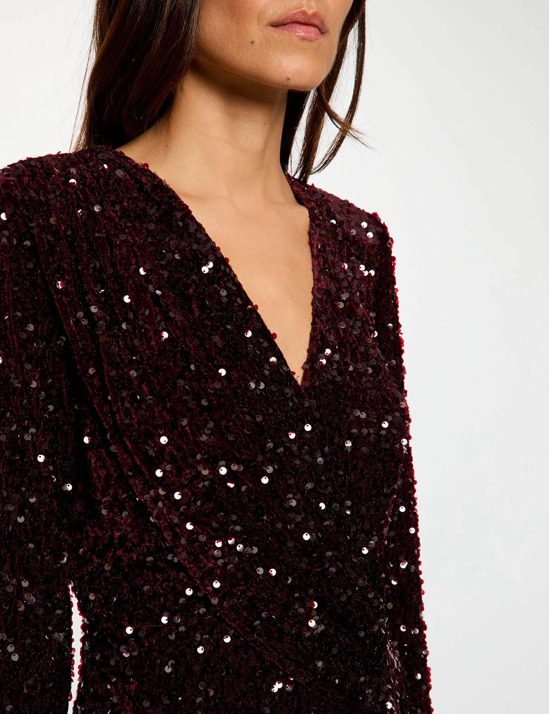Robe longue ajust&eacute;e sequins prune femme