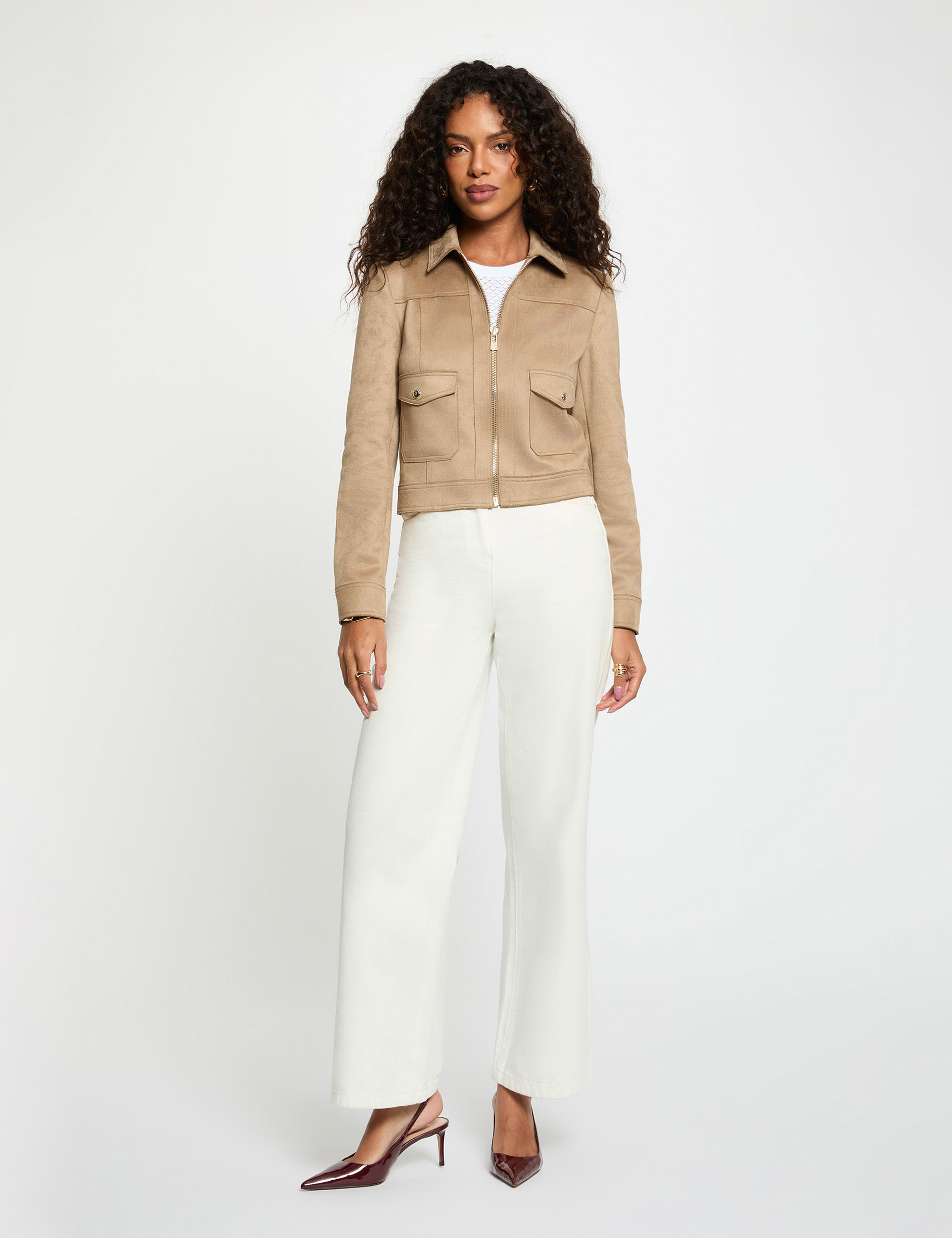 Blouson su&eacute;dine zipp&eacute; taupe femme