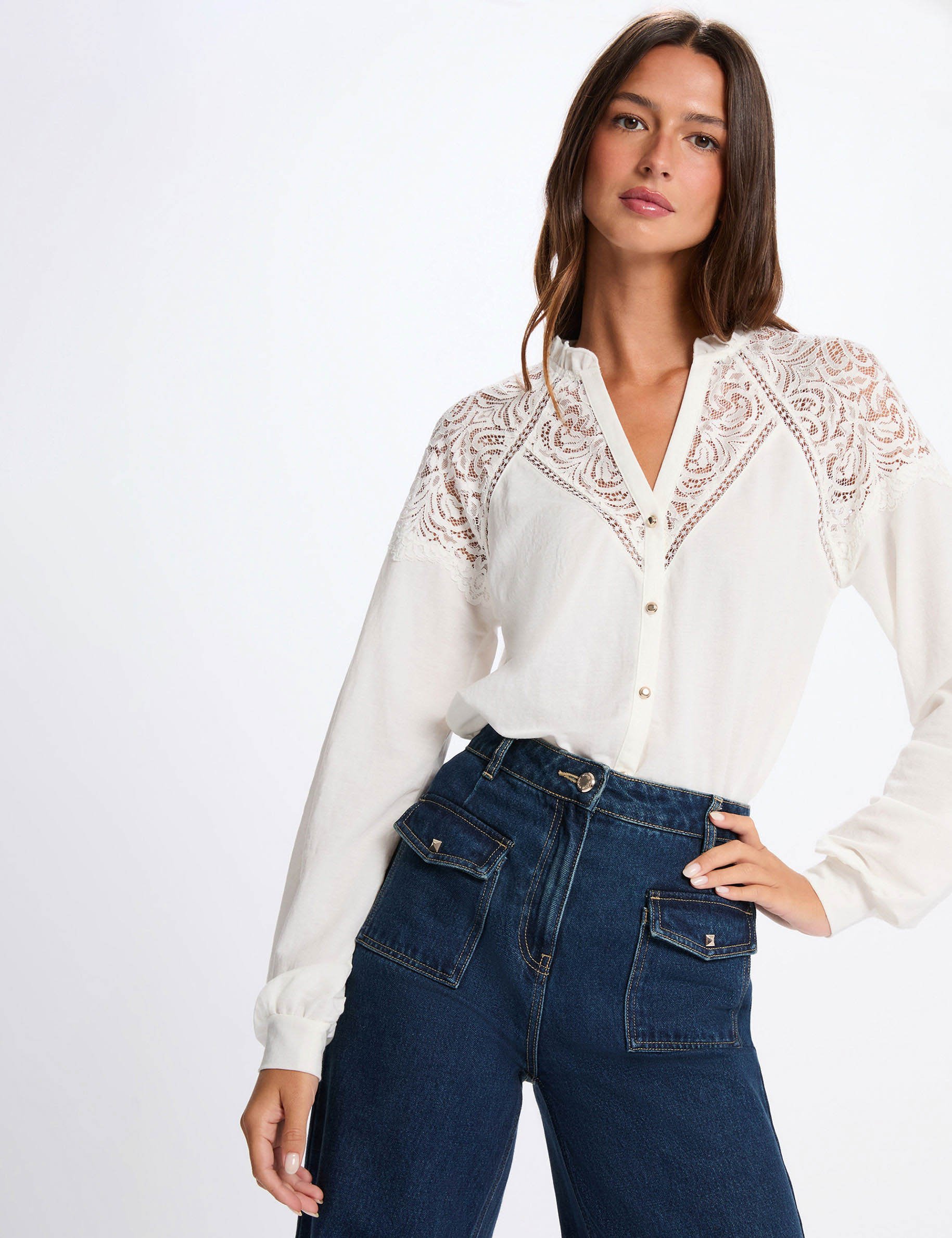 T-shirt dentelle col v blanc femme