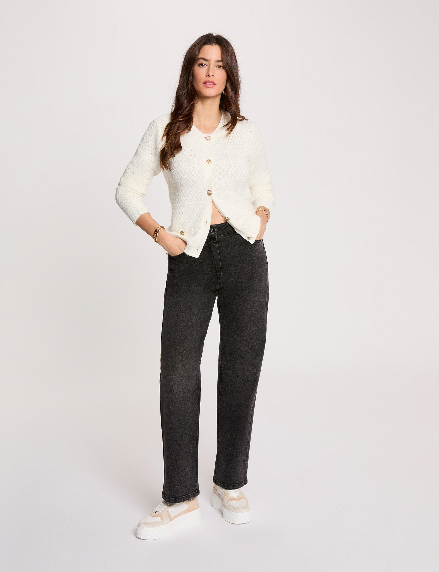 Strickjacke mit Rundhalsausschnitt weiss damen