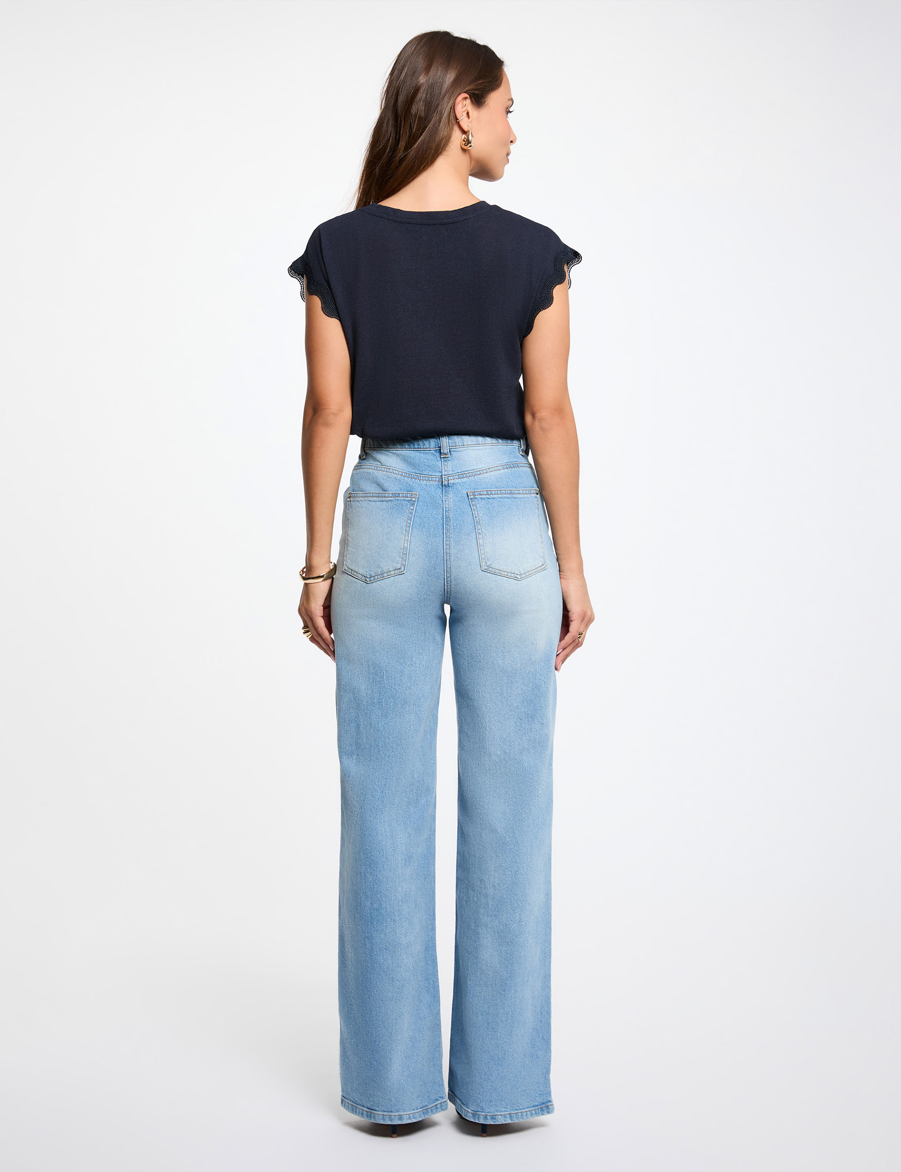 T-shirt col v manches courtes bleu marine femme